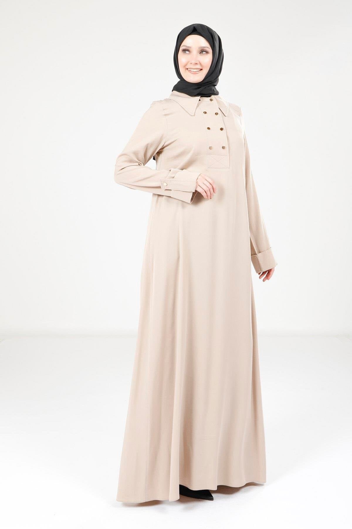Collared Button-Detail Modest Dress - Beige - Beyza