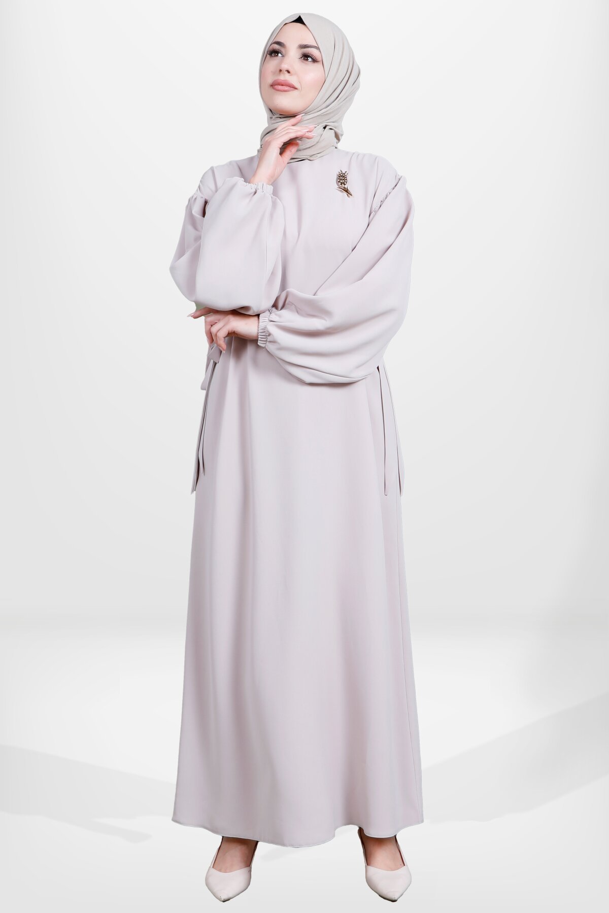 Modest Side-Tie Tulip Brooch Dress - Beige - Beyza