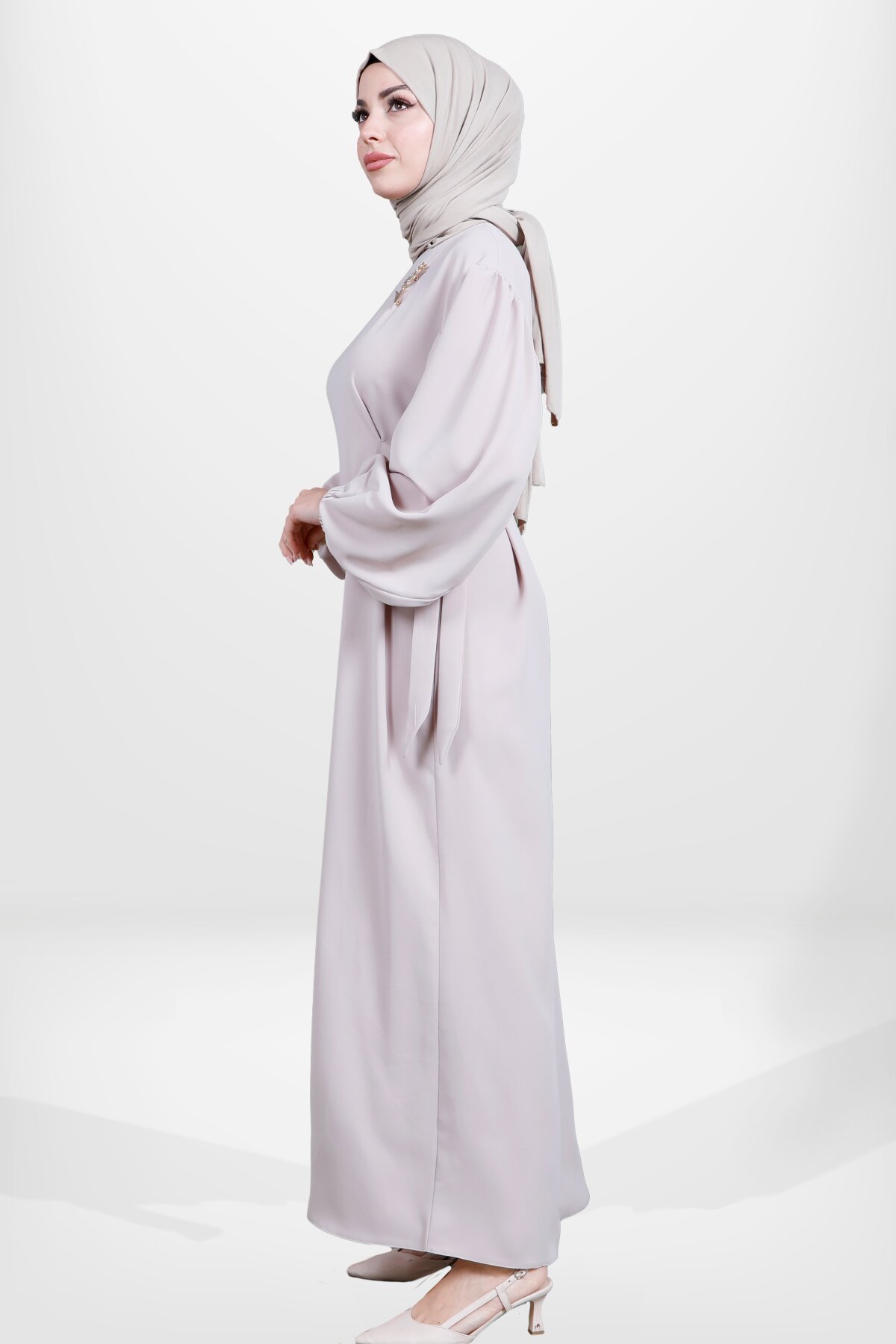 Modest Side-Tie Tulip Brooch Dress - Beige - Beyza