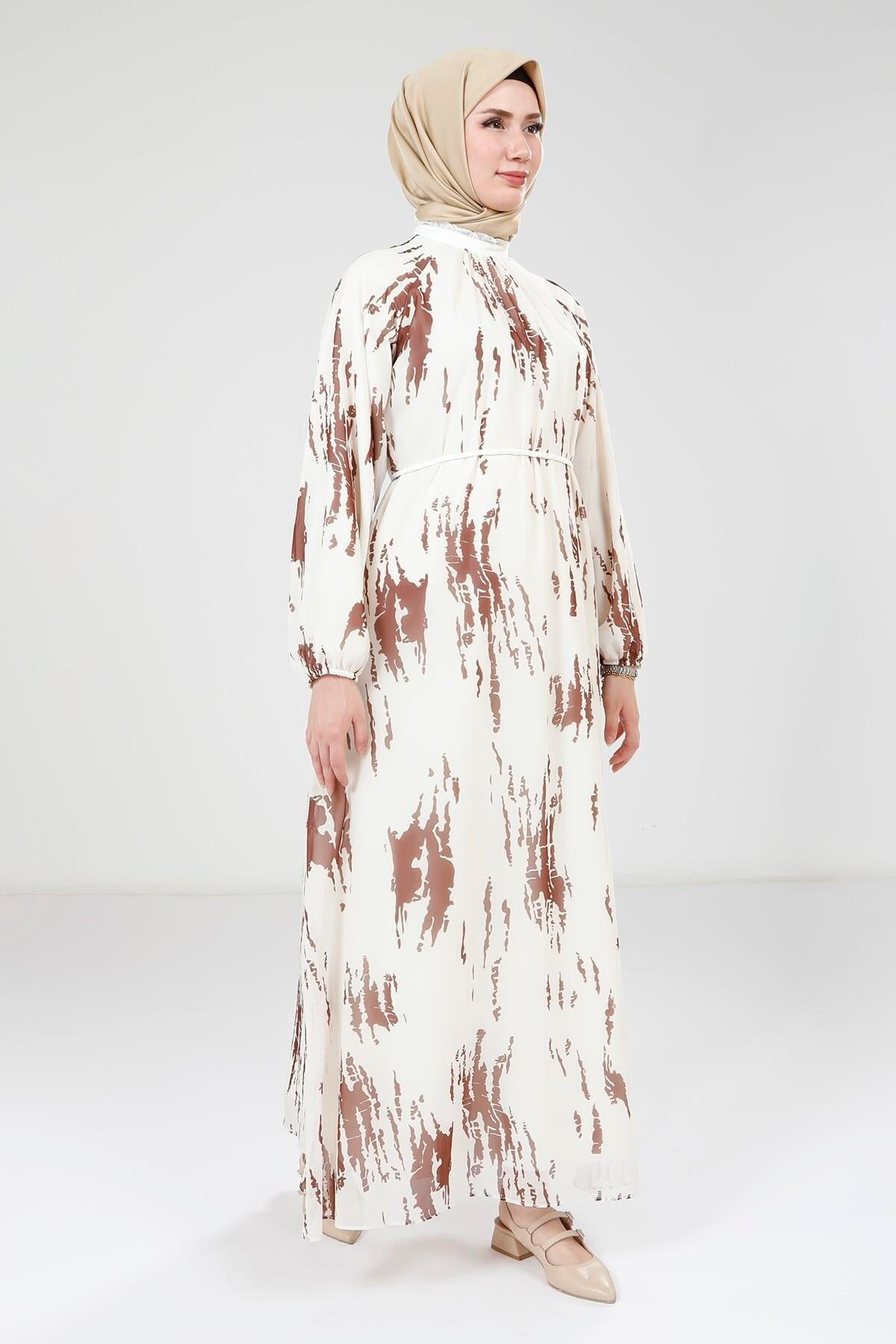 Modest Printed Chiffon Dress - White/Brown - Beyza
