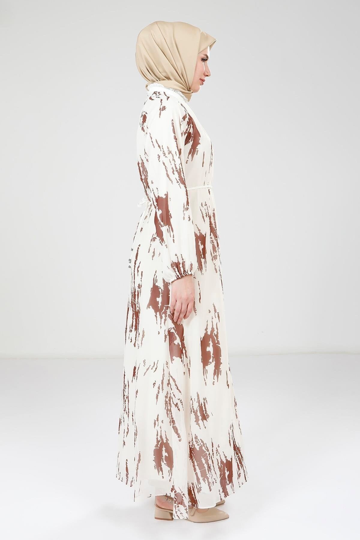 Modest Printed Chiffon Dress - White/Brown - Beyza