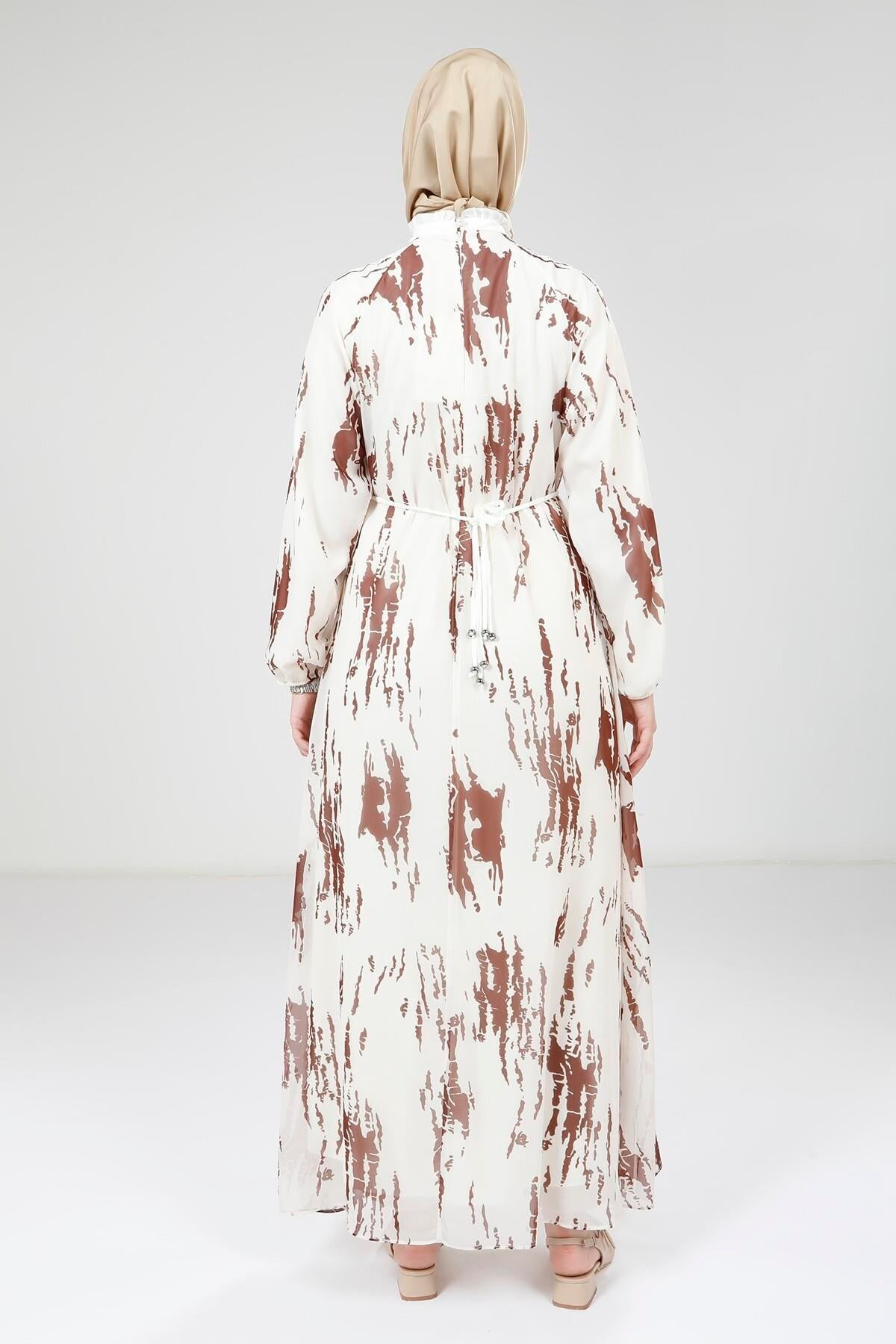 Modest Printed Chiffon Dress - White/Brown - Beyza