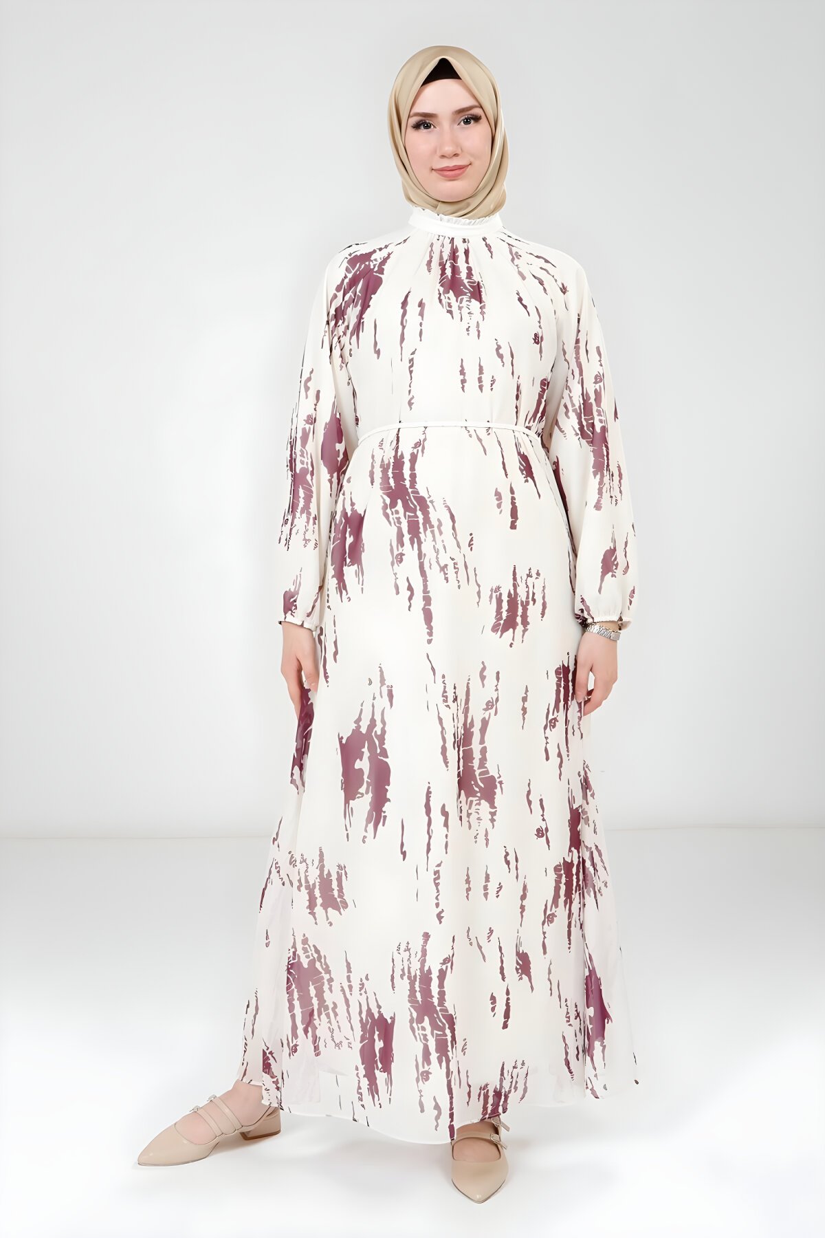 Printed Modest Dress - White/Plum - Beyza