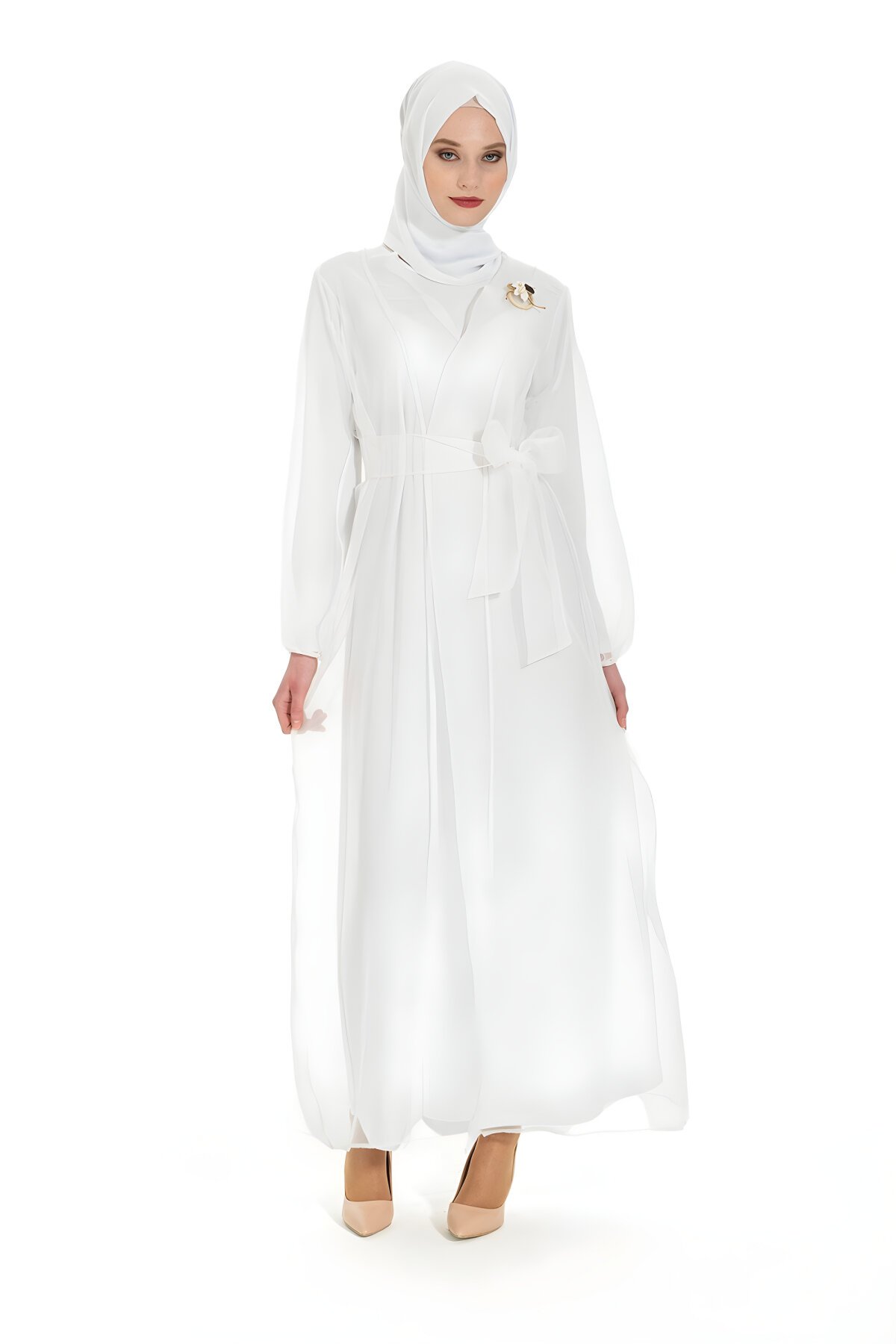 Organza Belted Abaya Set - White - Beyza