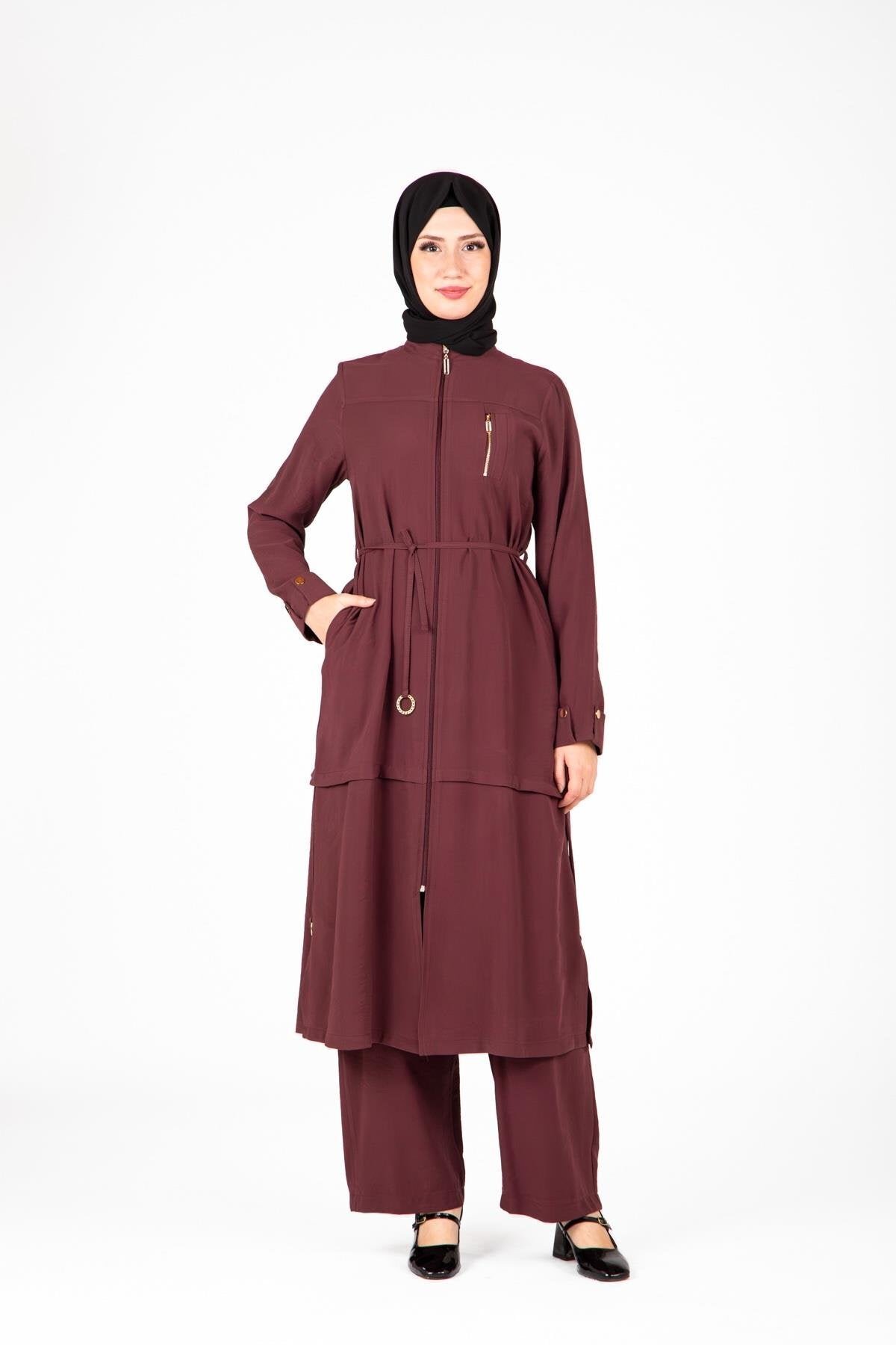 Ring Accessory Detail Two-Piece Modest Set - Maroon - Beyza