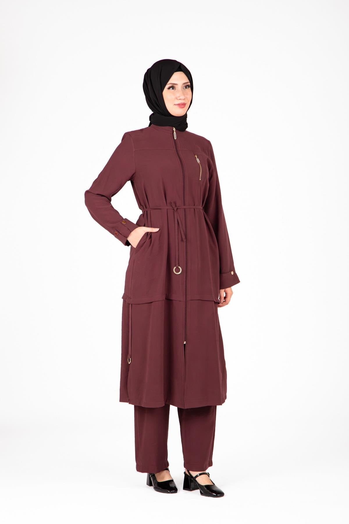Ring Accessory Detail Two-Piece Modest Set - Maroon - Beyza