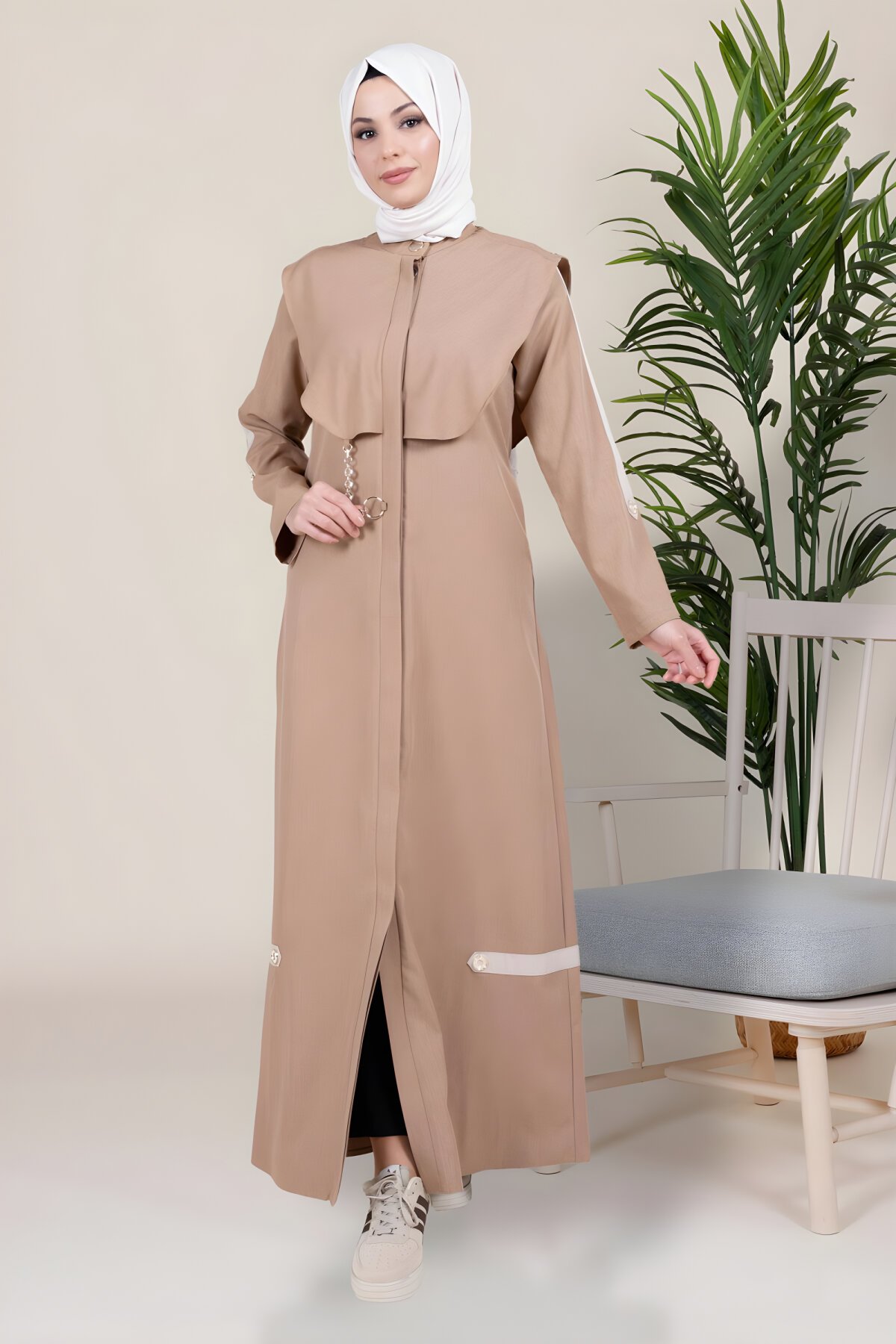 Camel Bafra Kapüşonlu Zincir Detaylı Ferace - Beyza