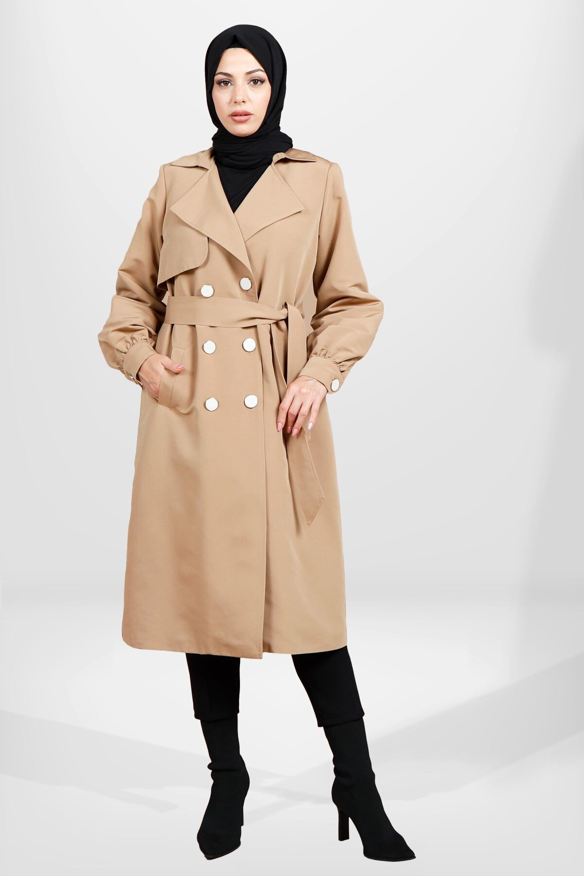 Gathered-Sleeve Belted Buttoned Trench Coat - Camel - Beyza