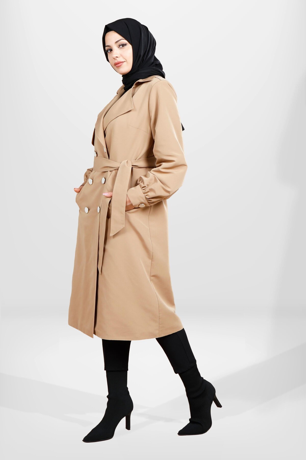 Gathered-Sleeve Belted Buttoned Trench Coat - Camel - Beyza