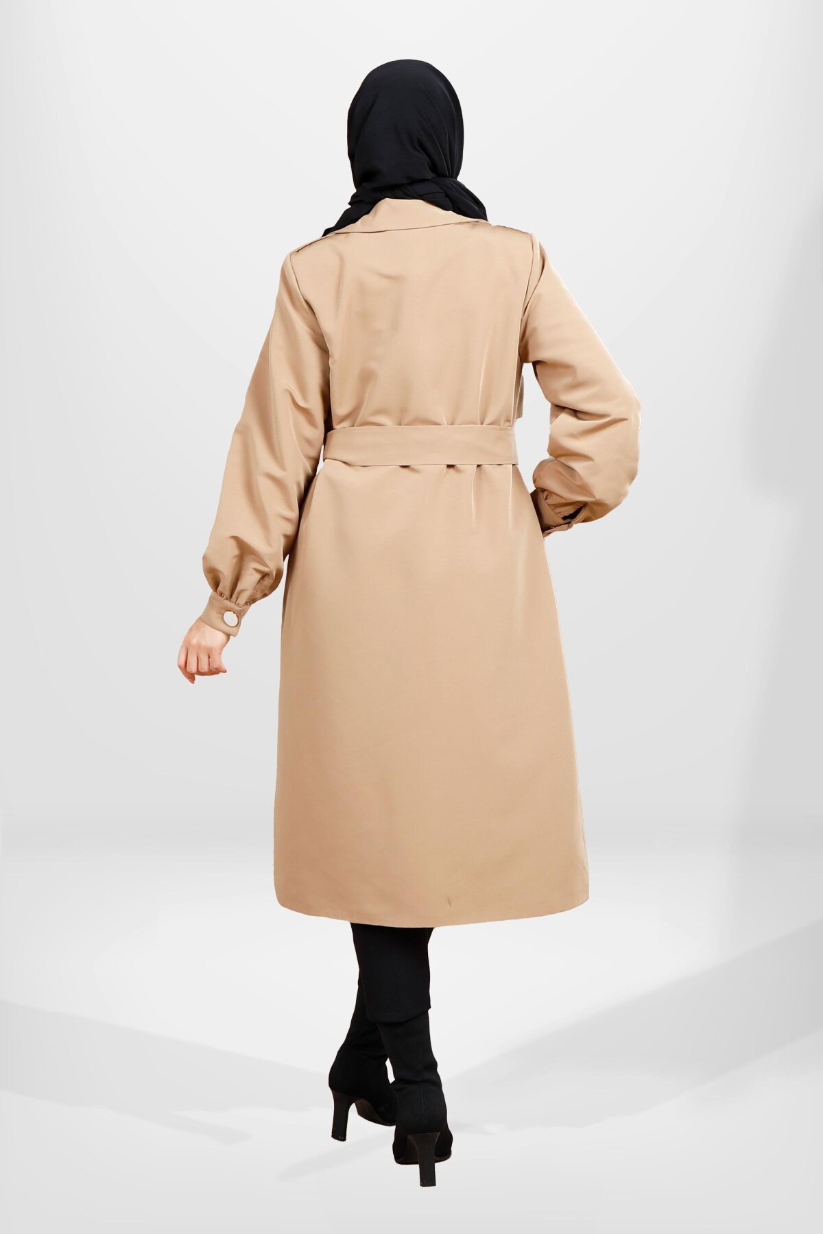 Gathered-Sleeve Belted Buttoned Trench Coat - Camel - Beyza