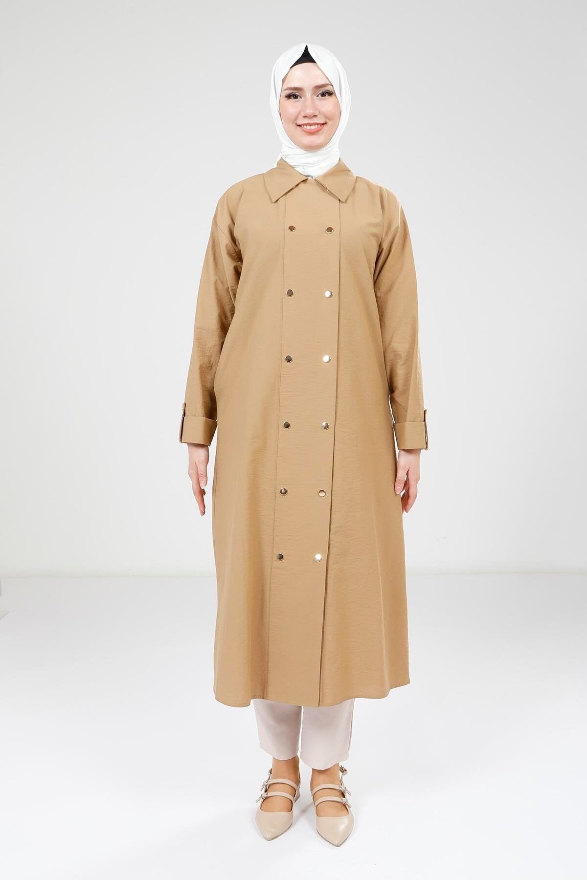 Long Buttoned Overcoat - Camel - Beyza