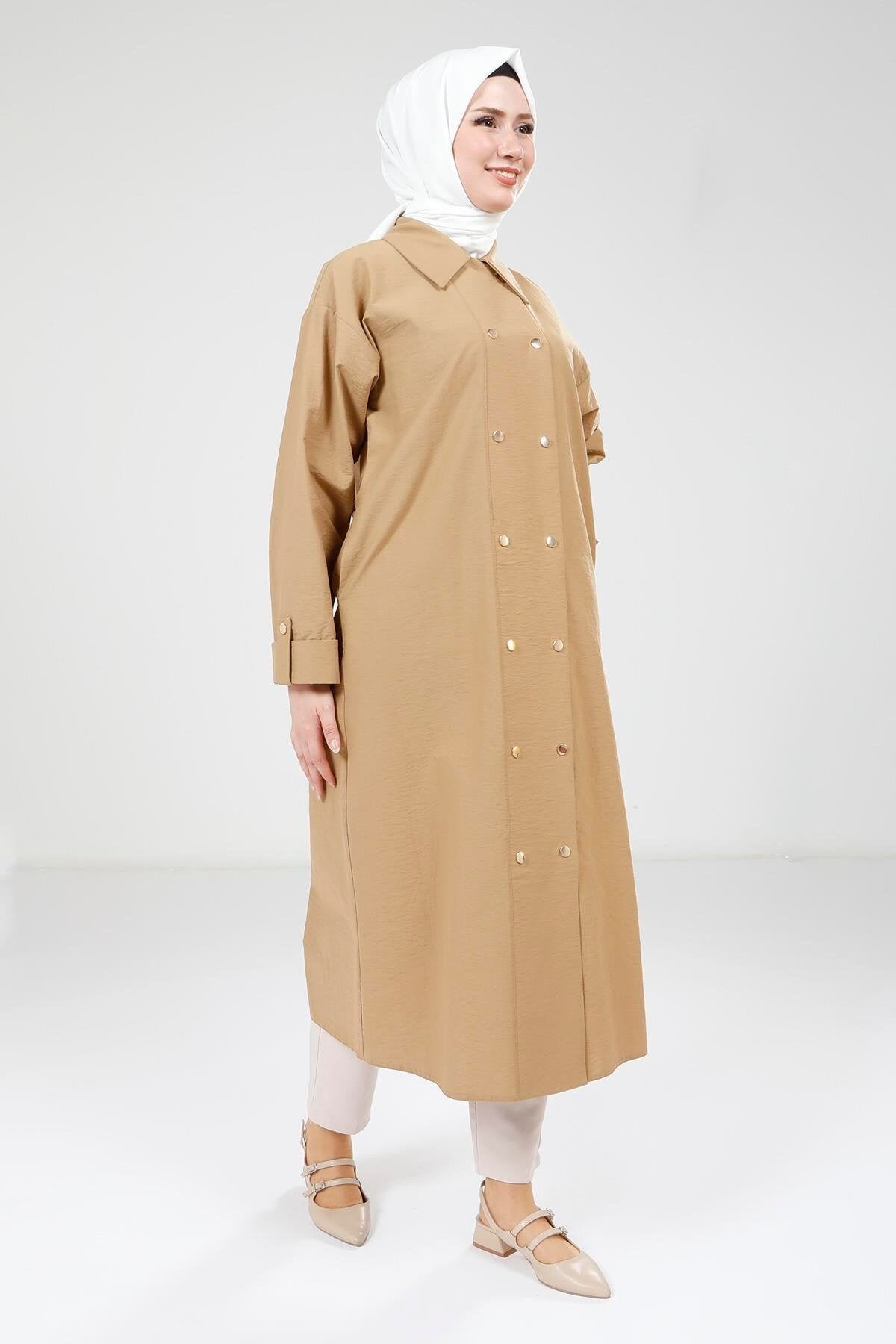 Long Buttoned Overcoat - Camel - Beyza
