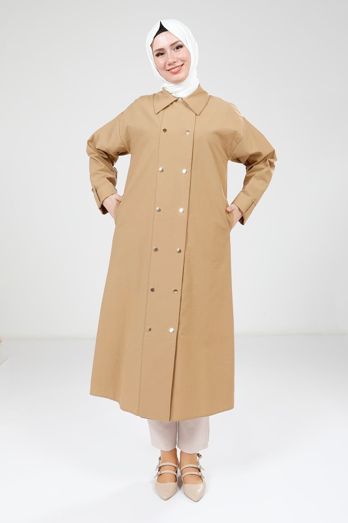 Long Buttoned Overcoat - Camel - Beyza