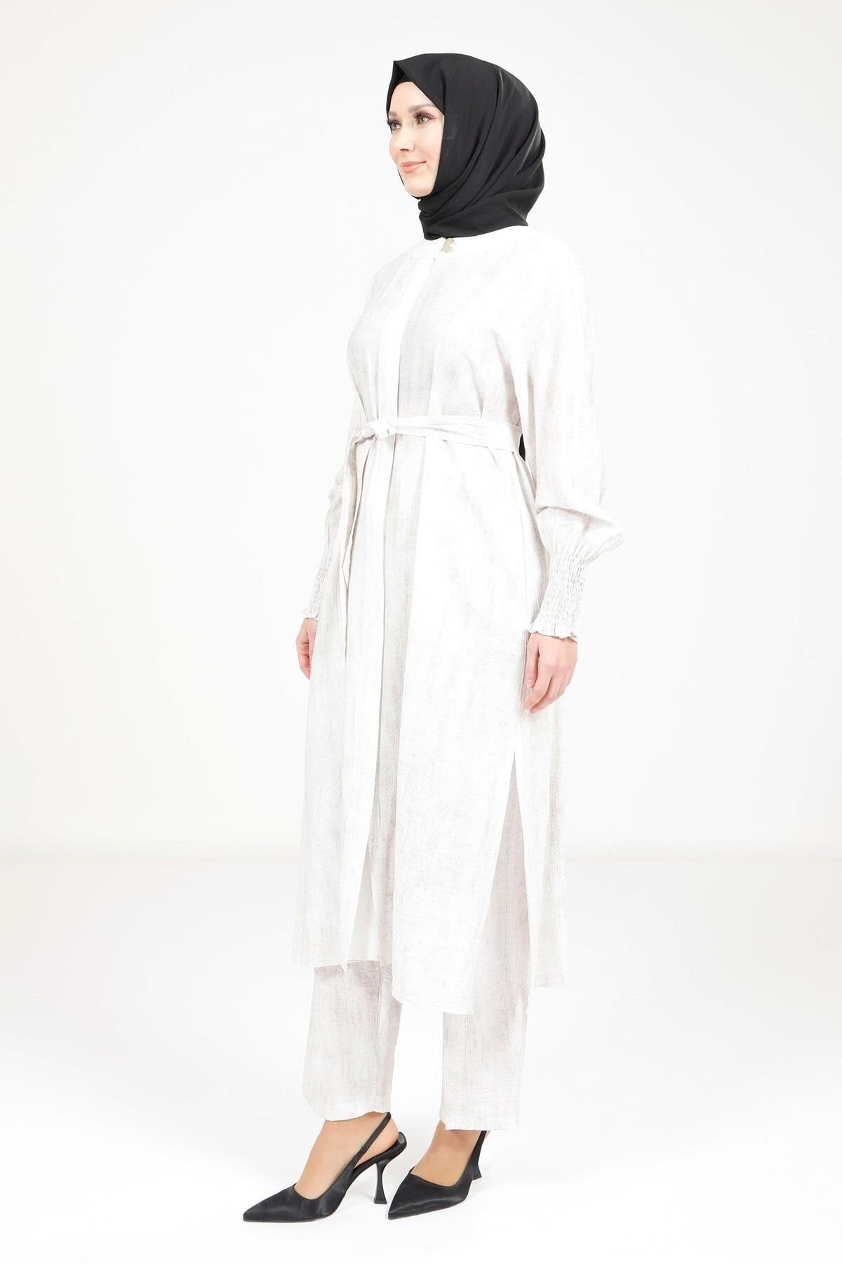 Belted Top and Bottom Modest Set - Ecru - Beyza