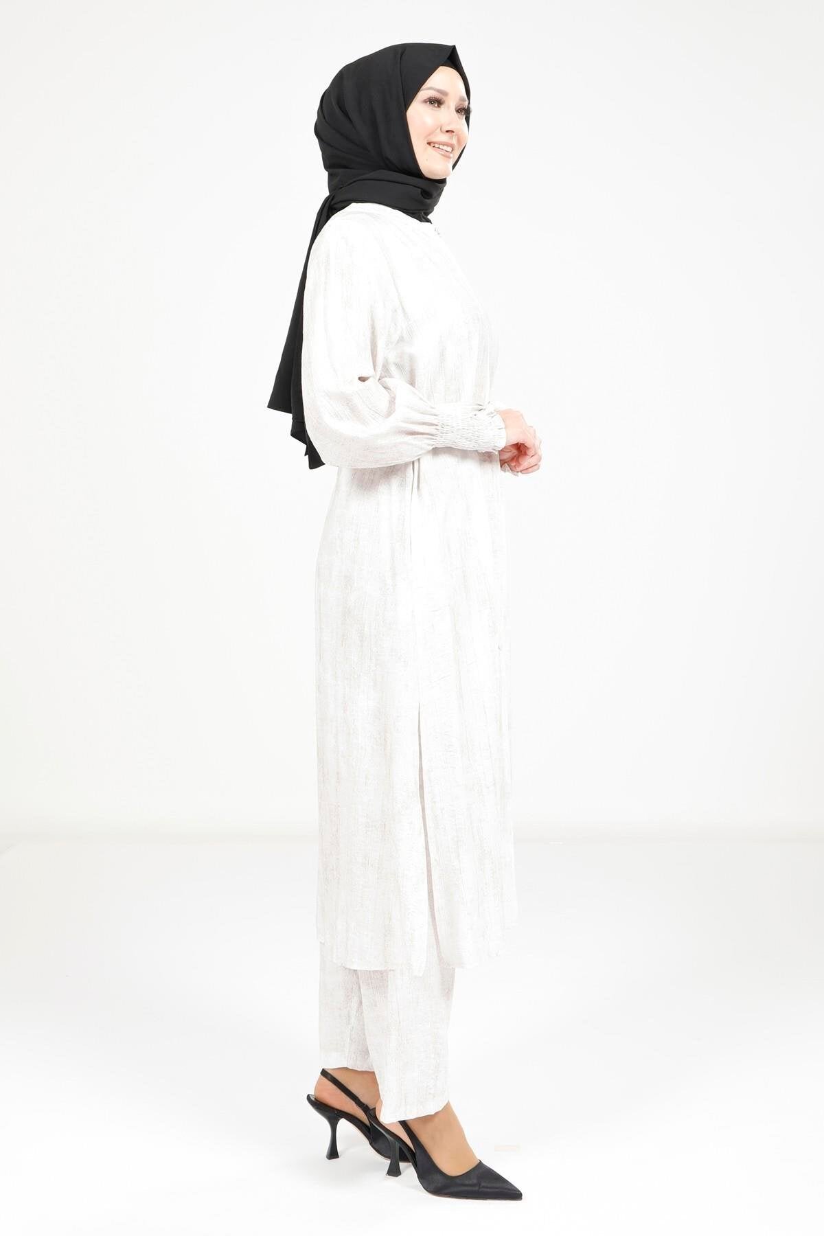Belted Top and Bottom Modest Set - Ecru - Beyza