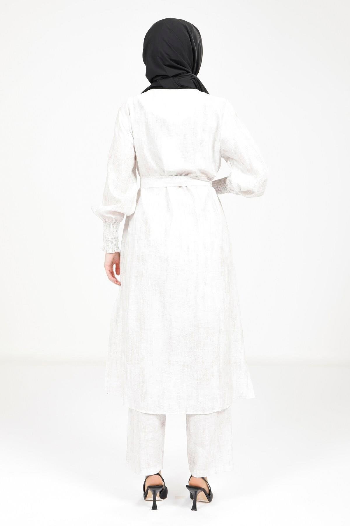 Belted Top and Bottom Modest Set - Ecru - Beyza