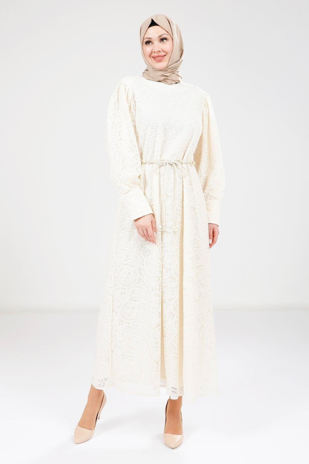 Modest Evening Lace-Detail Dress - Ecru - Beyza