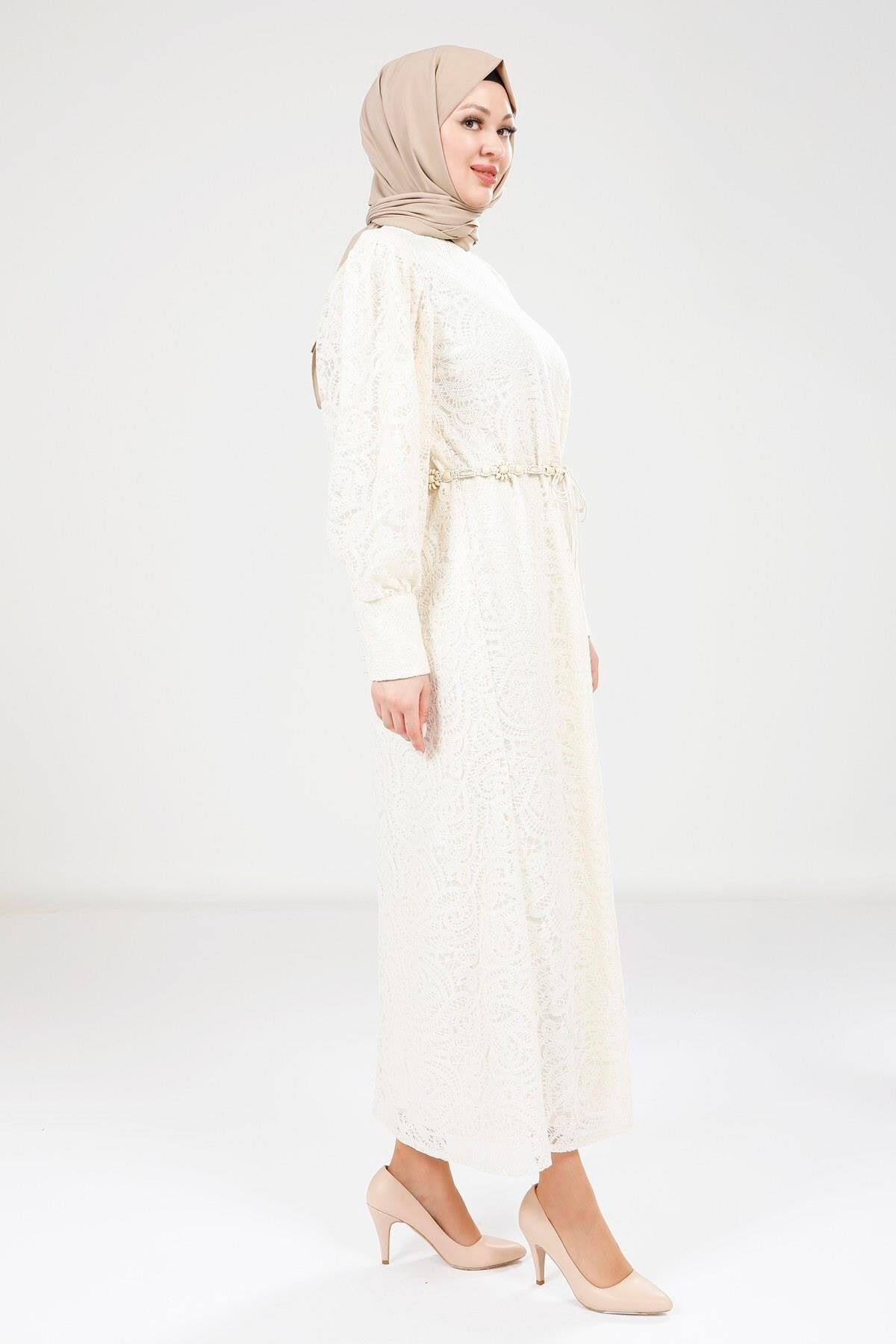 Modest Evening Lace-Detail Dress - Ecru - Beyza