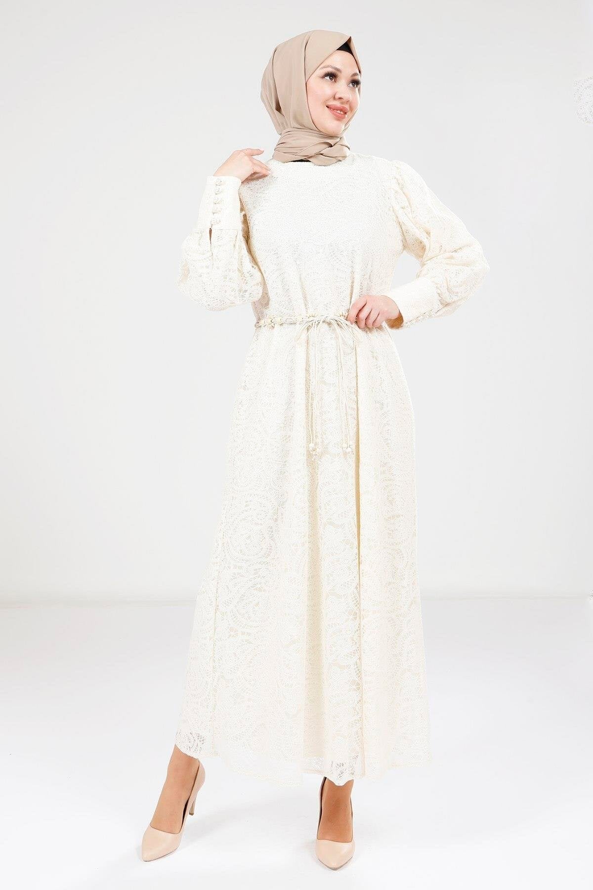 Modest Evening Lace-Detail Dress - Ecru - Beyza