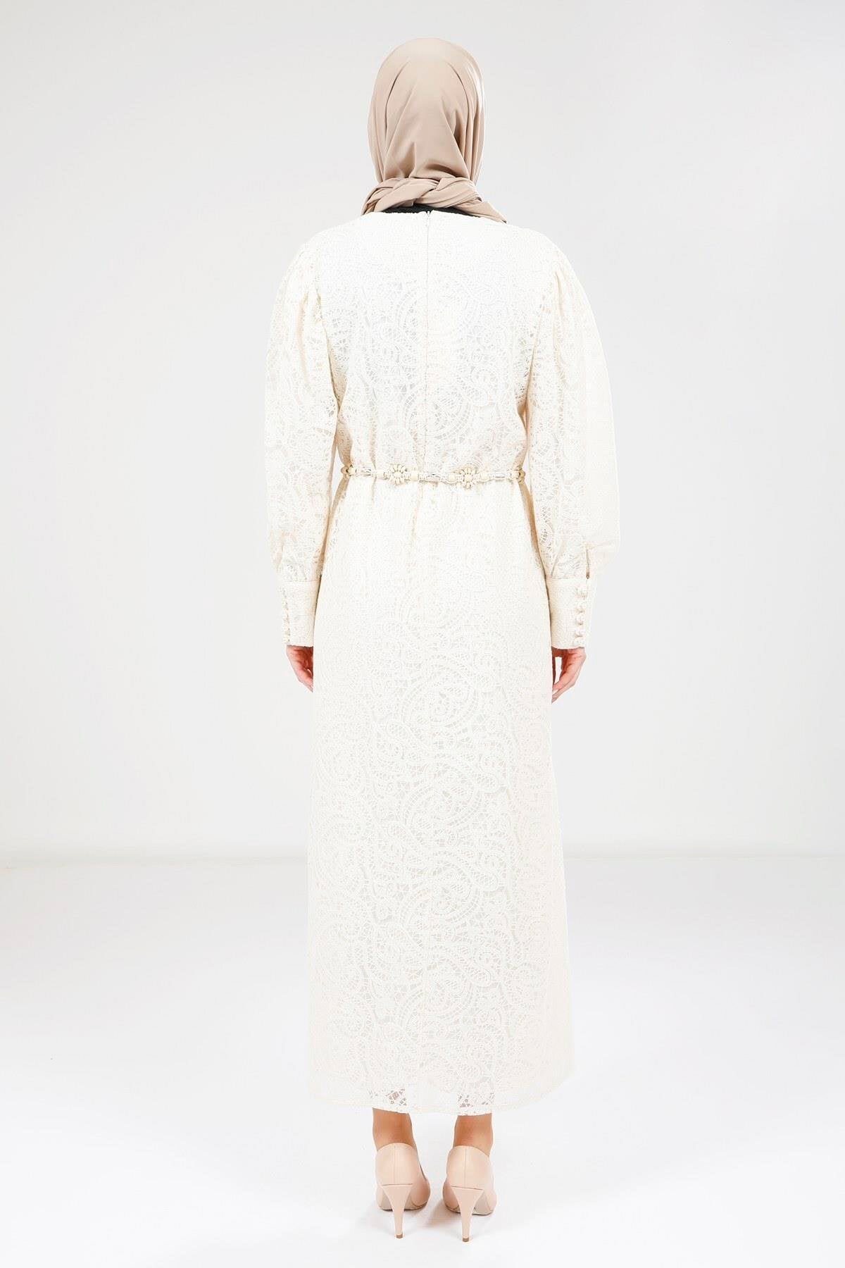 Modest Evening Lace-Detail Dress - Ecru - Beyza