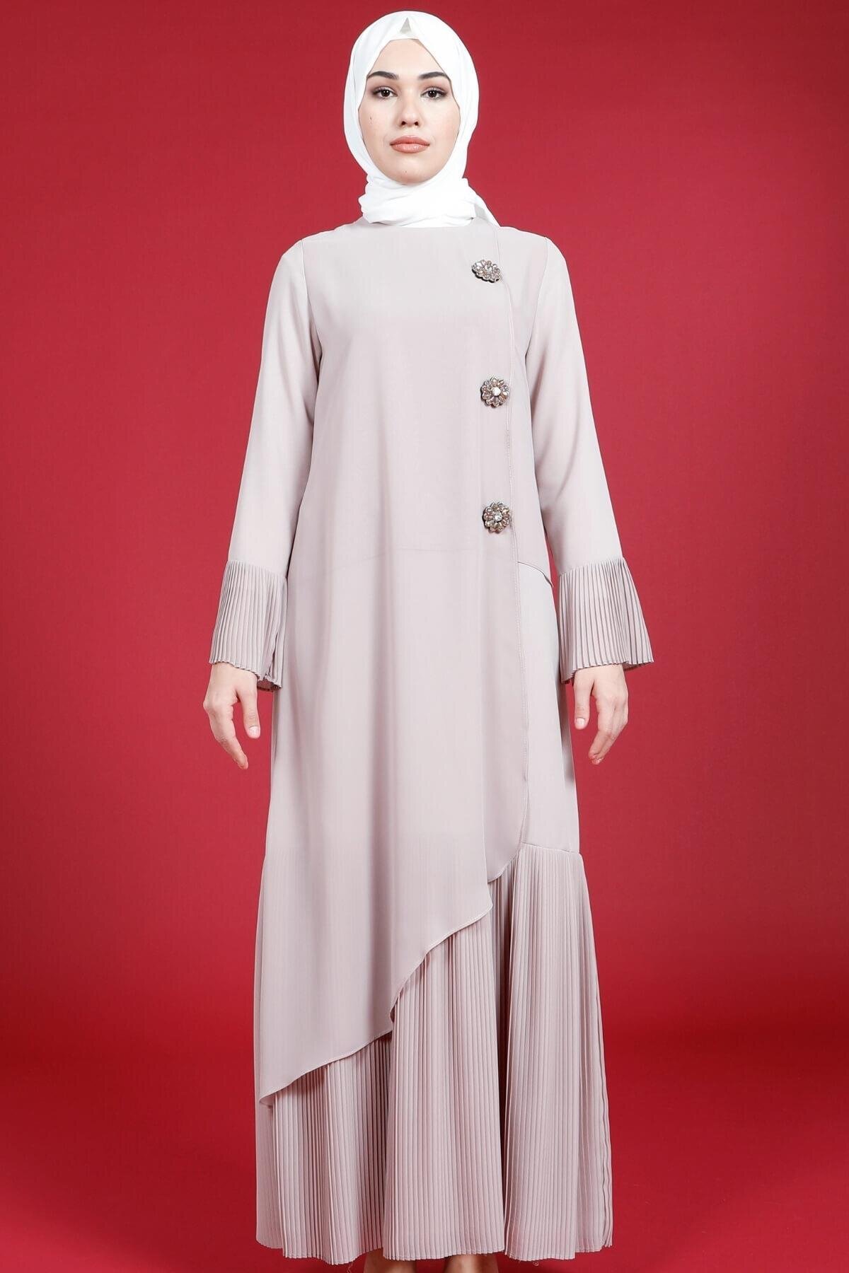 Pleated Skirt Stone Flower Detail Modest Dress - Stone - Beyza