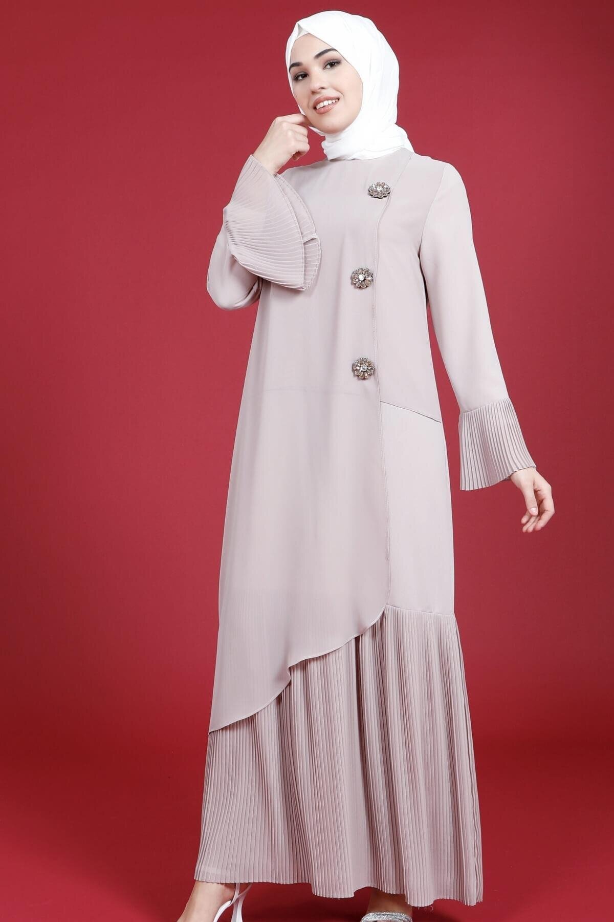 Pleated Skirt Stone Flower Detail Modest Dress - Stone - Beyza