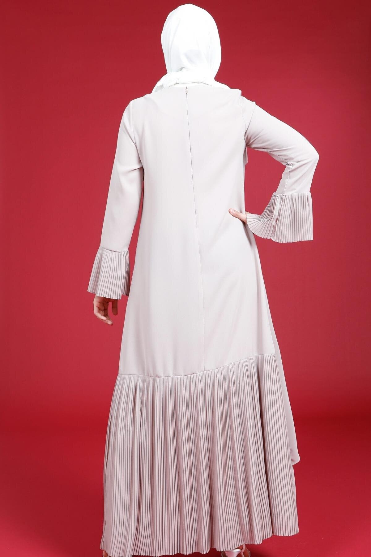 Pleated Skirt Stone Flower Detail Modest Dress - Stone - Beyza