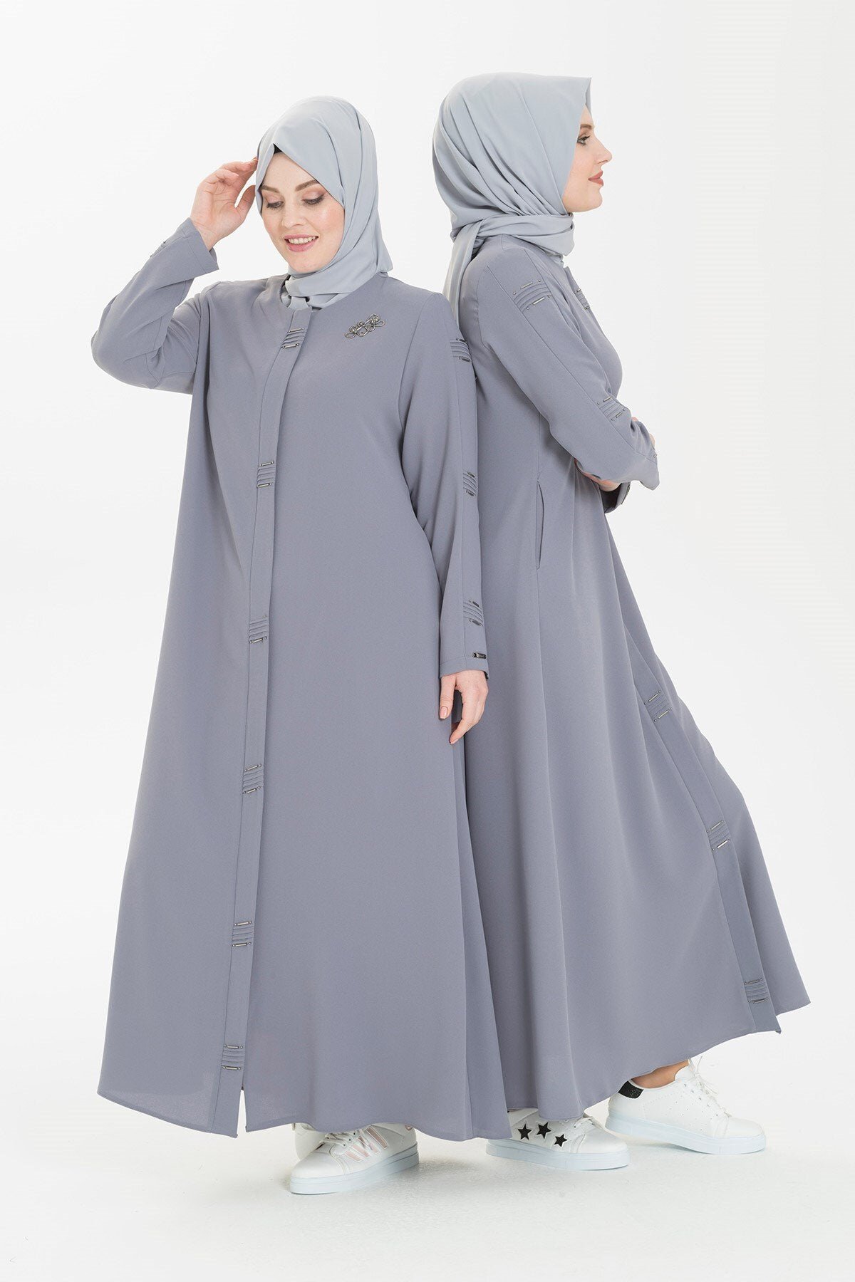 Pin-Tuck and Beaded Detail Abaya - Grey - Beyza