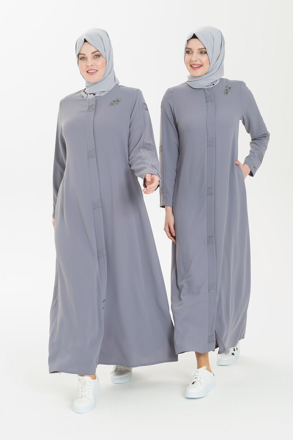 Pin-Tuck and Beaded Detail Abaya - Grey - Beyza
