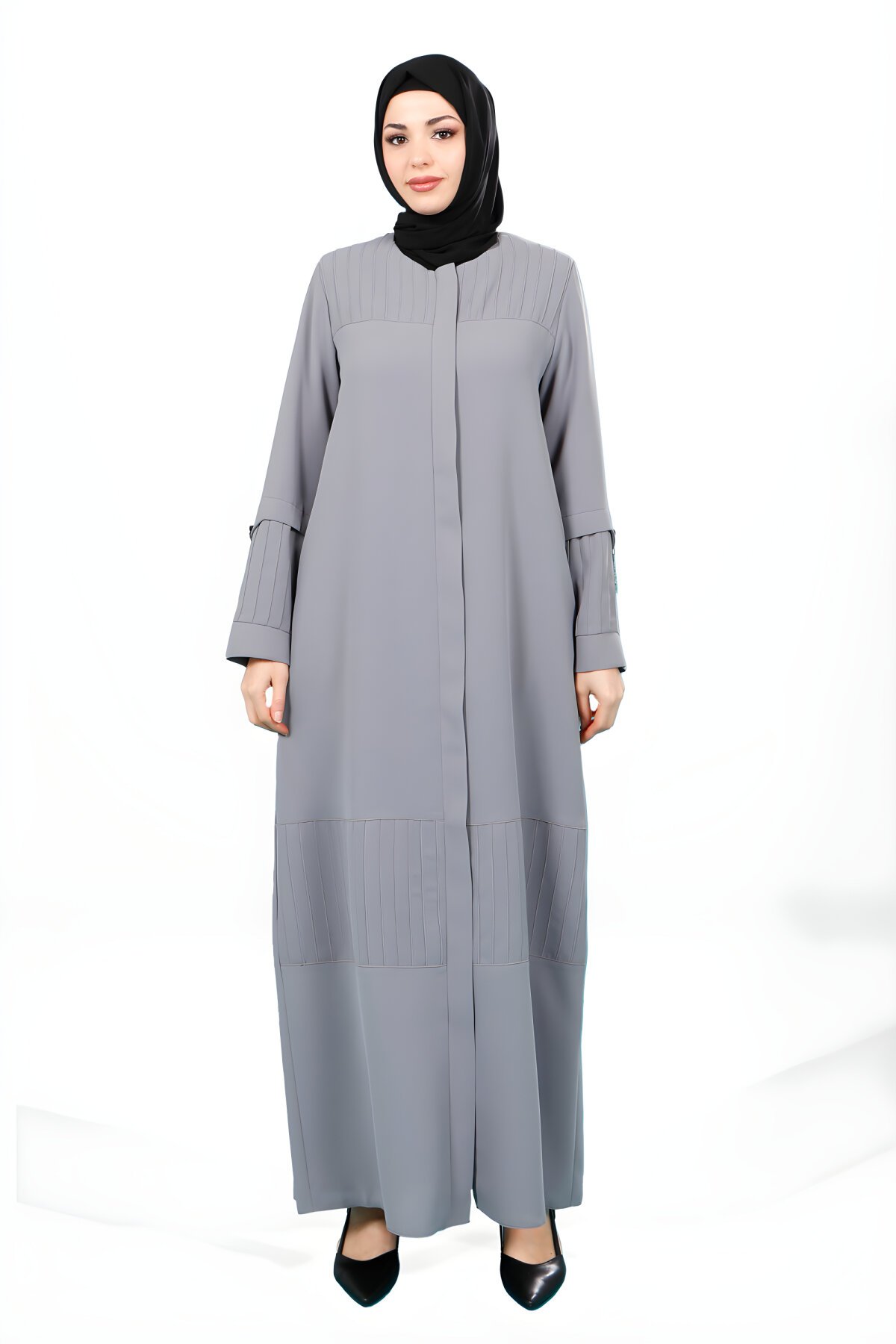 Gri Fermuarlı Nervürlü Yandan Cepli Ferace - Beyza