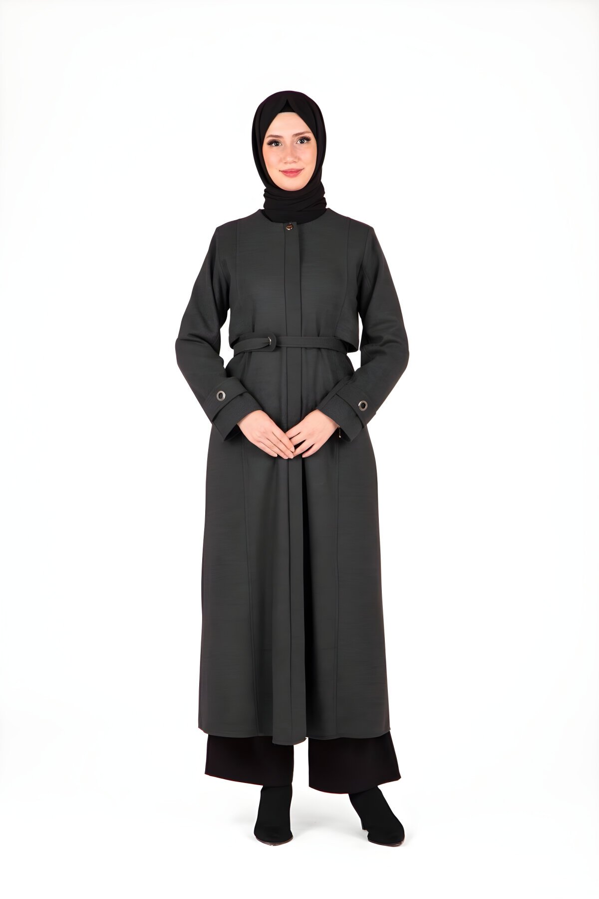 Gri Kemer Detaylı Tesettür Kaban - Beyza