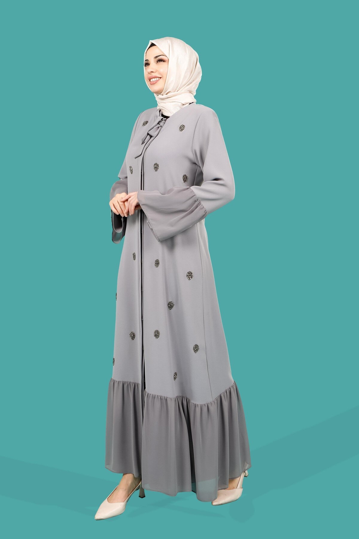 Stone & Chiffon Detail Tie-Collar Abaya - Grey - Beyza