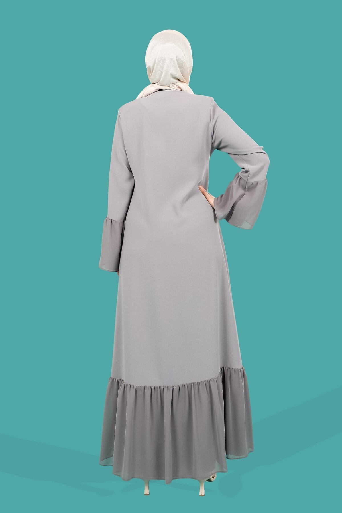 Stone & Chiffon Detail Tie-Collar Abaya - Grey - Beyza