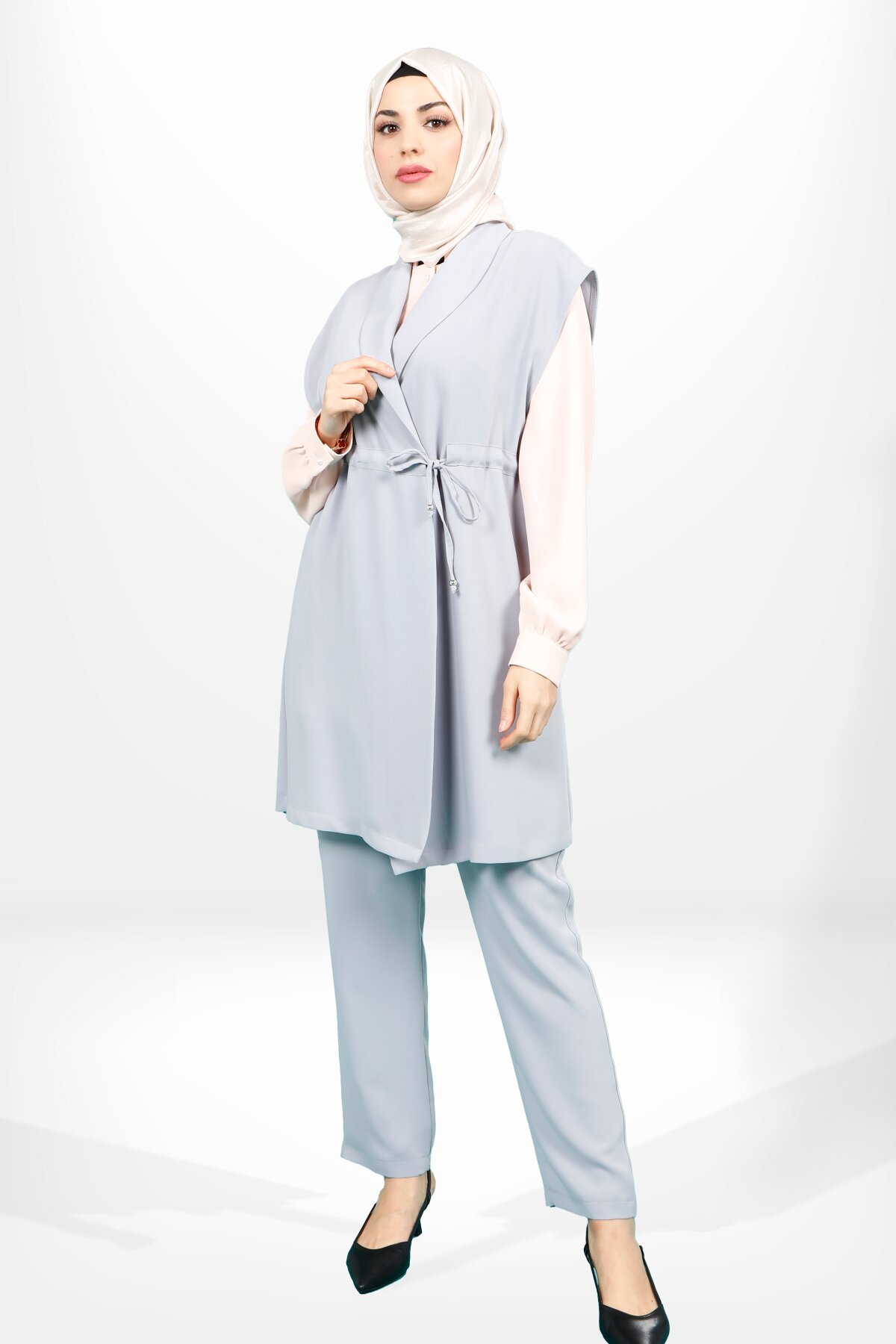 Three-Piece Adjustable Waist Vest Modest Set - Grey - Beyza