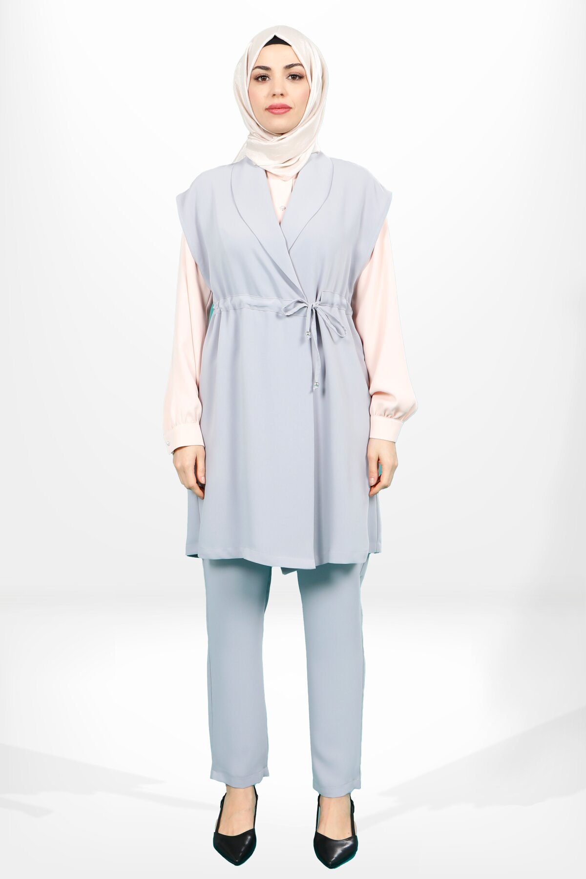 Three-Piece Adjustable Waist Vest Modest Set - Grey - Beyza