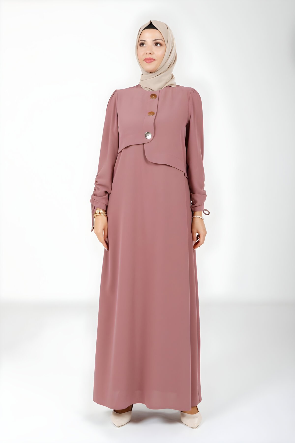 Gül Kurusu Düğme Detaylı Kolu Büzgülü Tesettür Elbise - Beyza