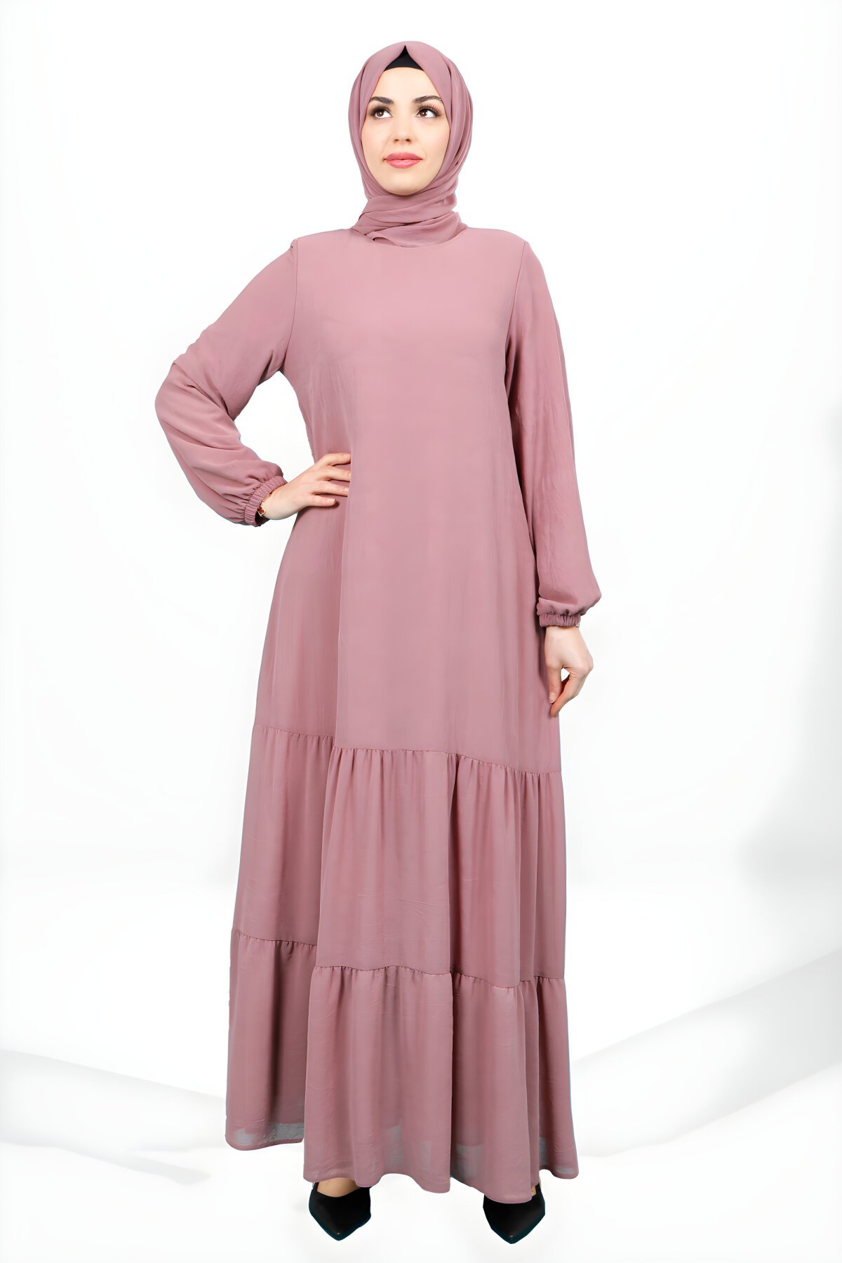 Gül Kurusu Eteği Fırfırlı Kolu Lastikli Tesettür Elbise - Beyza