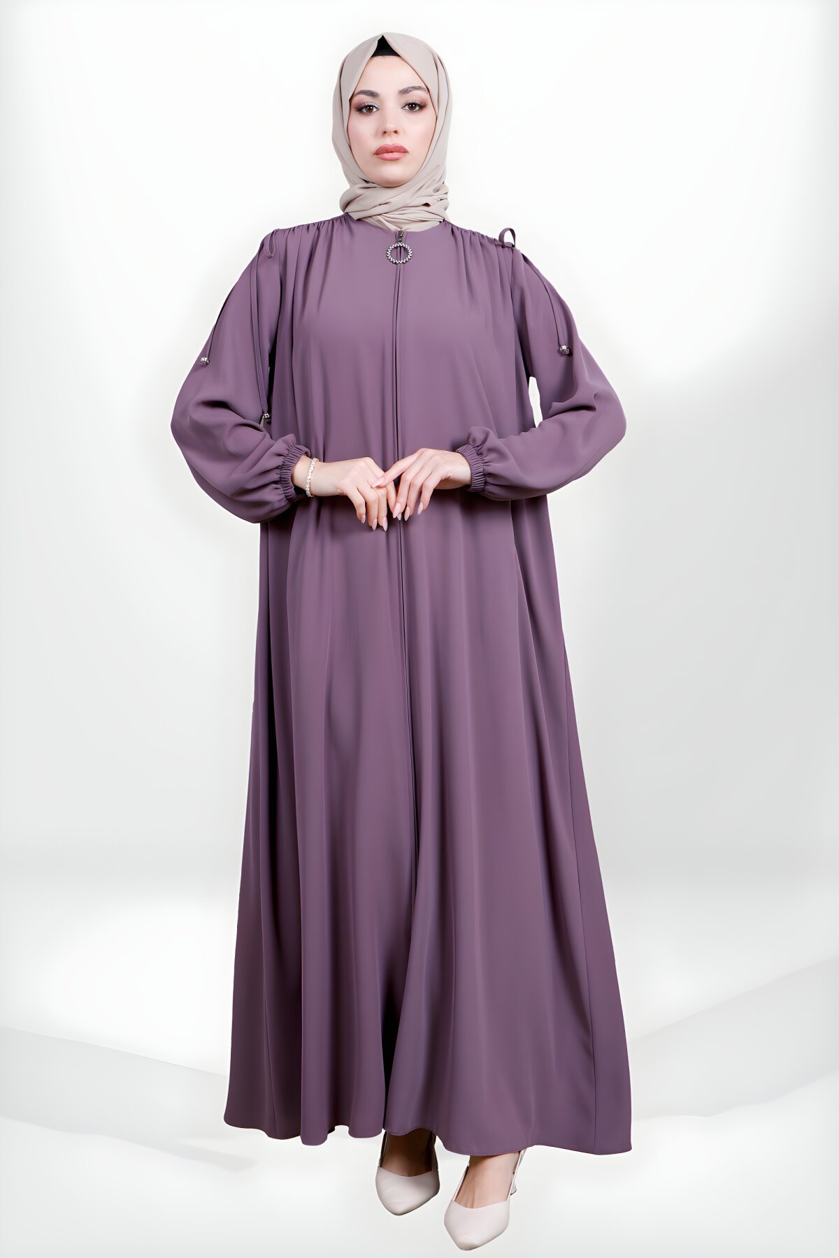 Gül Kurusu Fermuarlı Omuz Bağcıklı Yan Cepli Ferace - Beyza