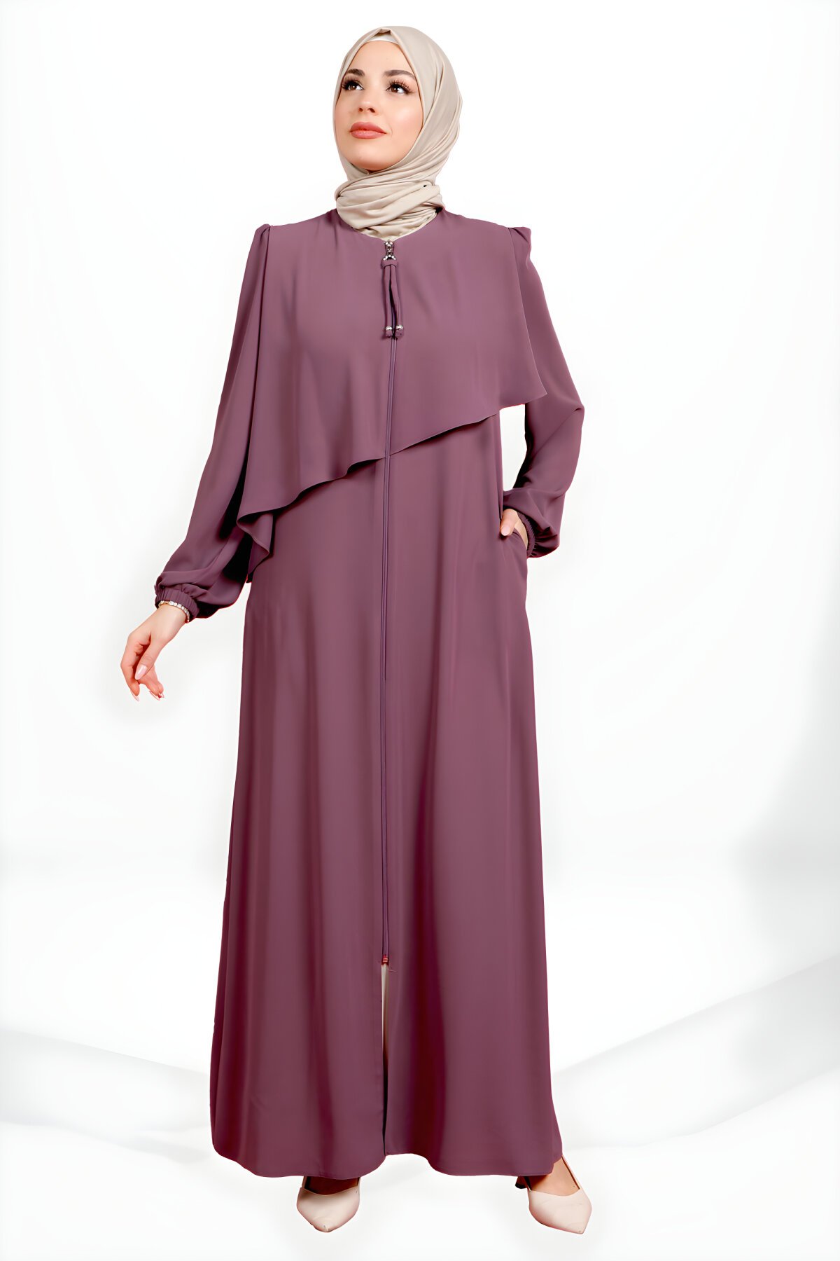 Gül Kurusu Fermuarlı Üst Beden Detaylı Yandan Cepli Ferace - Beyza