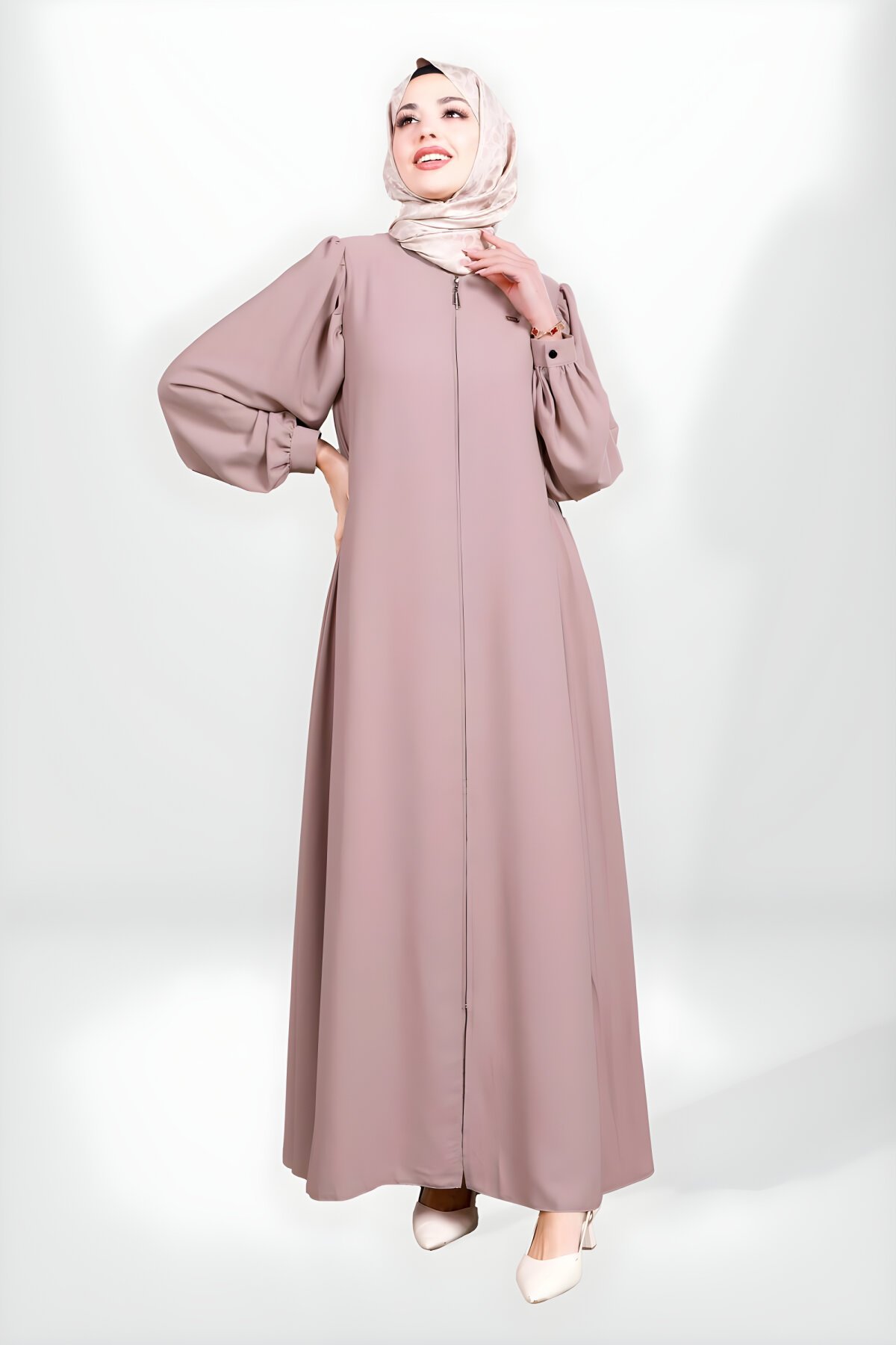 Gül Kurusu Kloş Kesim Fermuarlı Büzgülü Ferace - Beyza