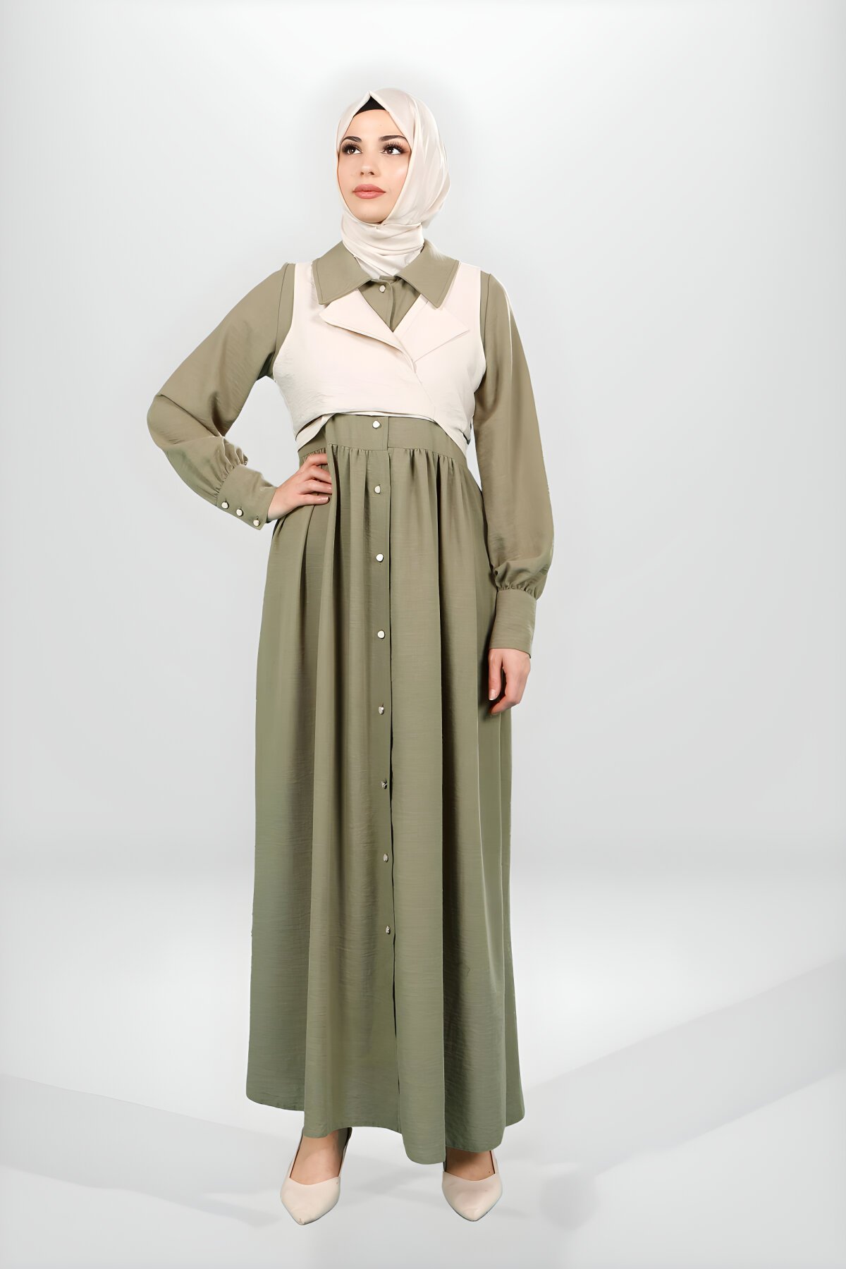 Haki Düğmeli Yelek Detaylı Tesettür Elbise - Beyza