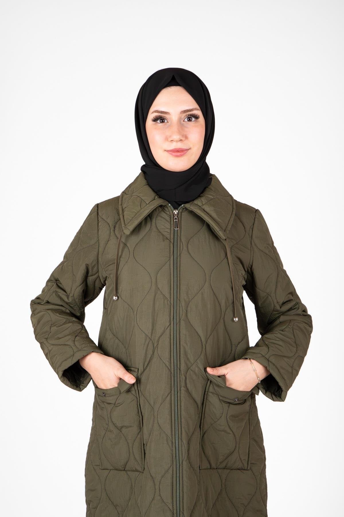 Haki Kapitone Bağcık Detaylı Tesettür Kaban - Beyza