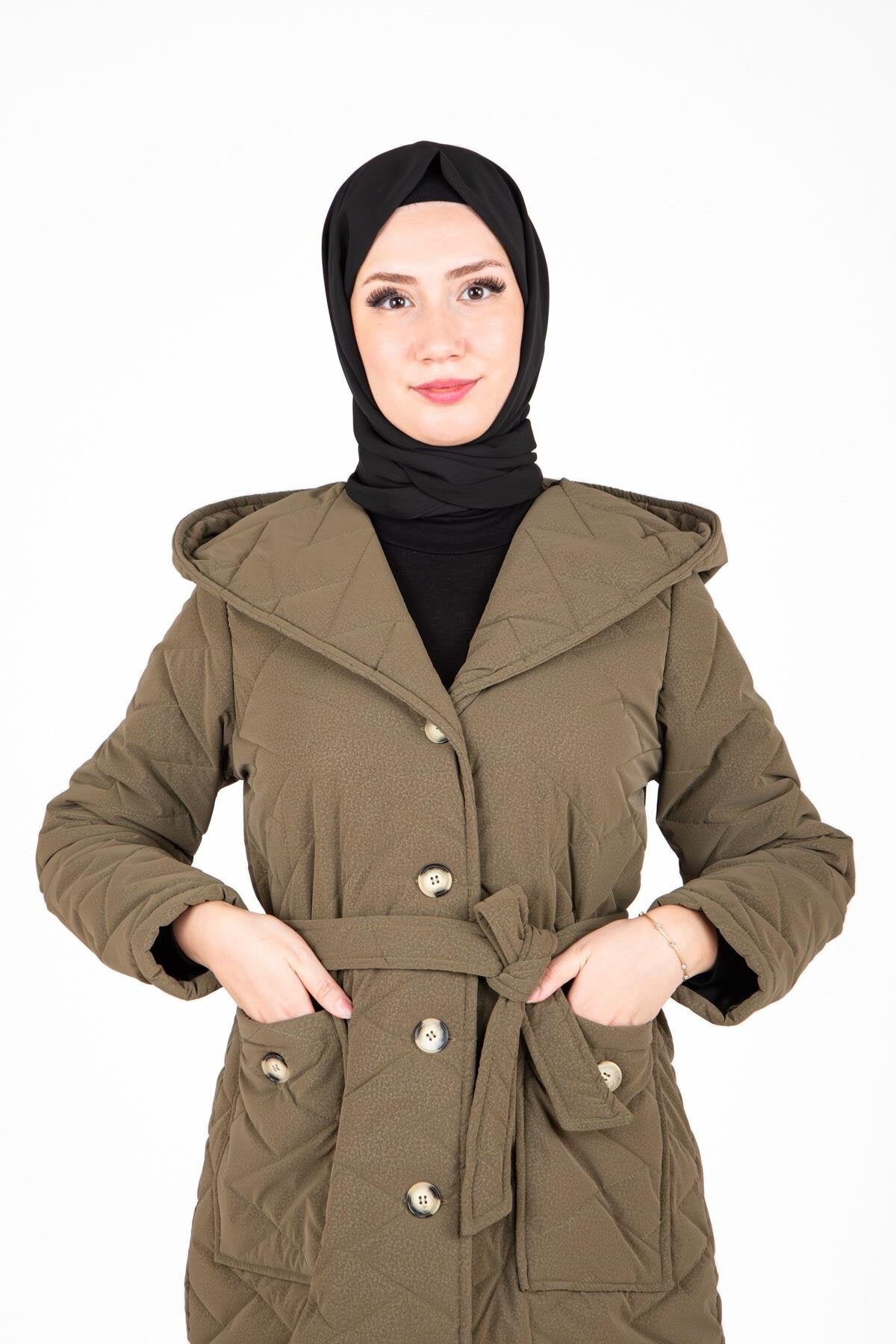 Haki Kapitone Kemerli Tesettür Kaban - Beyza