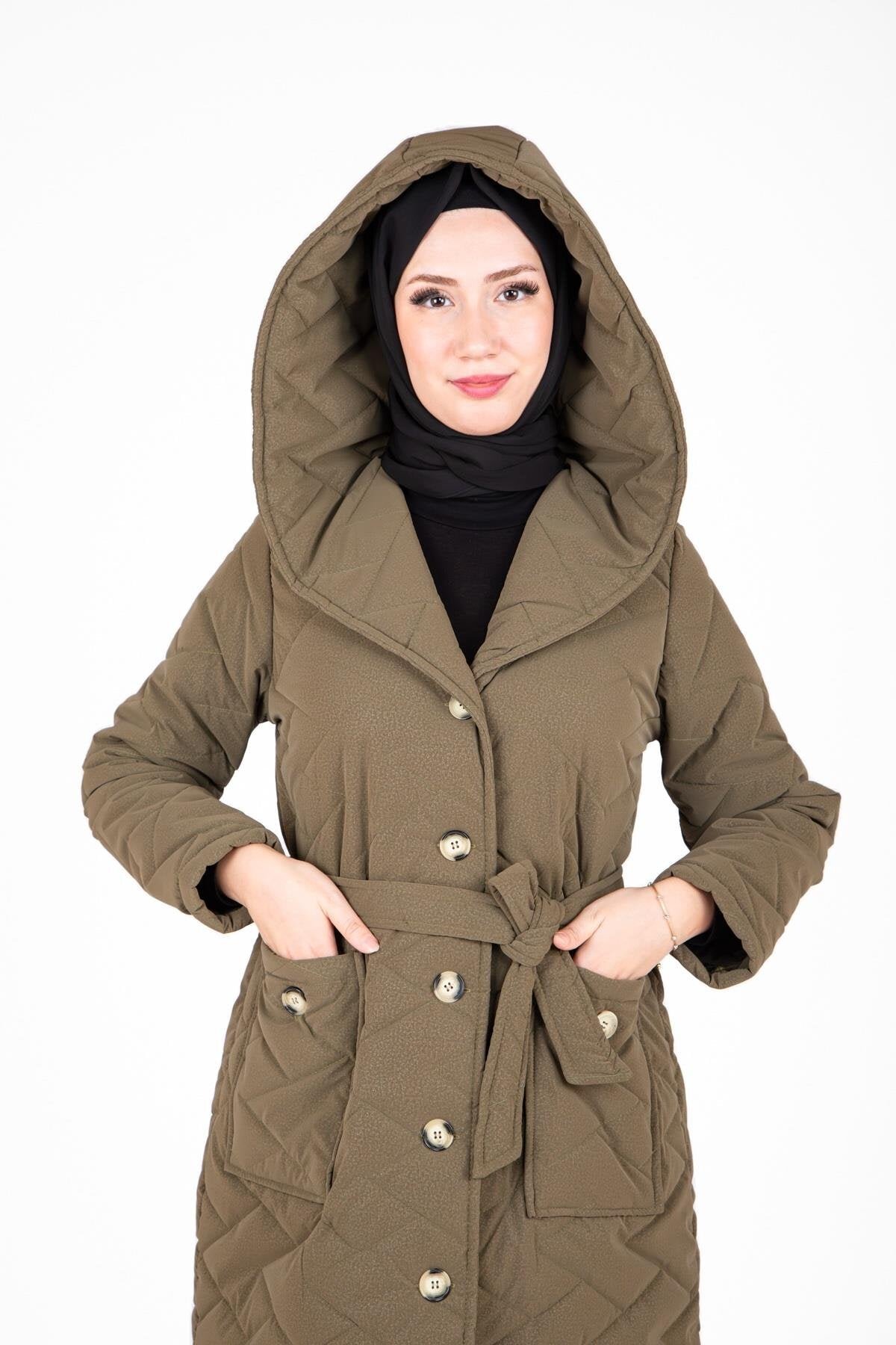 Haki Kapitone Kemerli Tesettür Kaban - Beyza