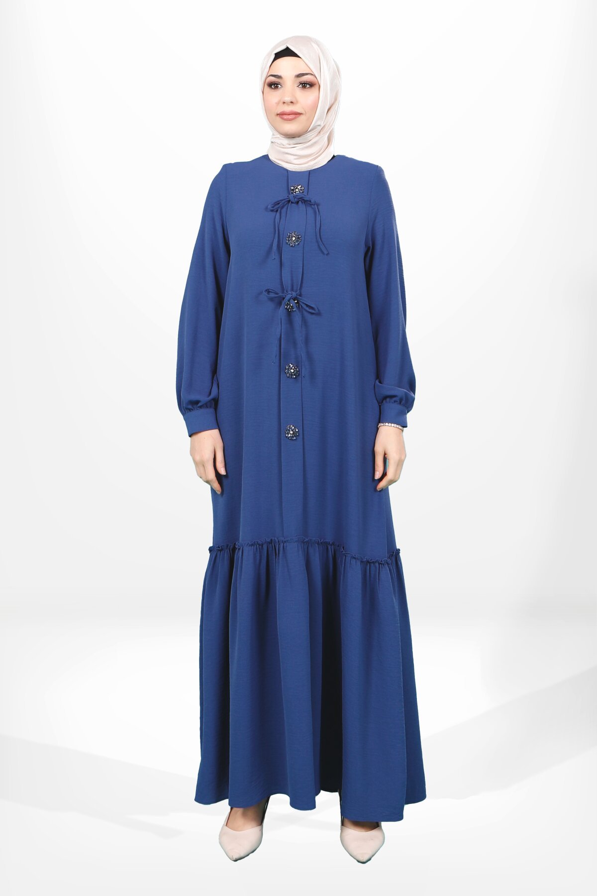 Gathered Skirt Floral Front-Bow Modest Dress - Indigo - Beyza