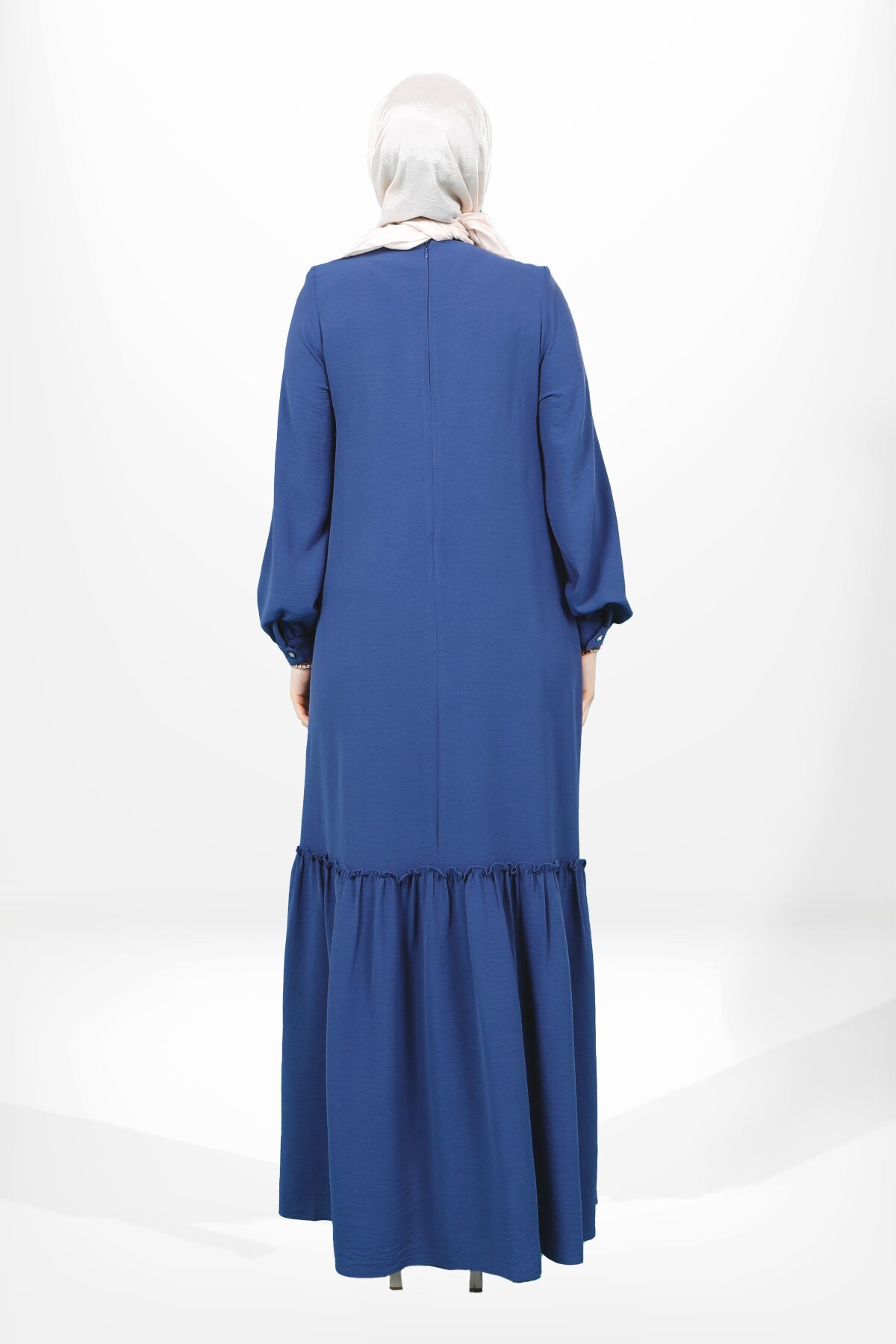 Gathered Skirt Floral Front-Bow Modest Dress - Indigo - Beyza
