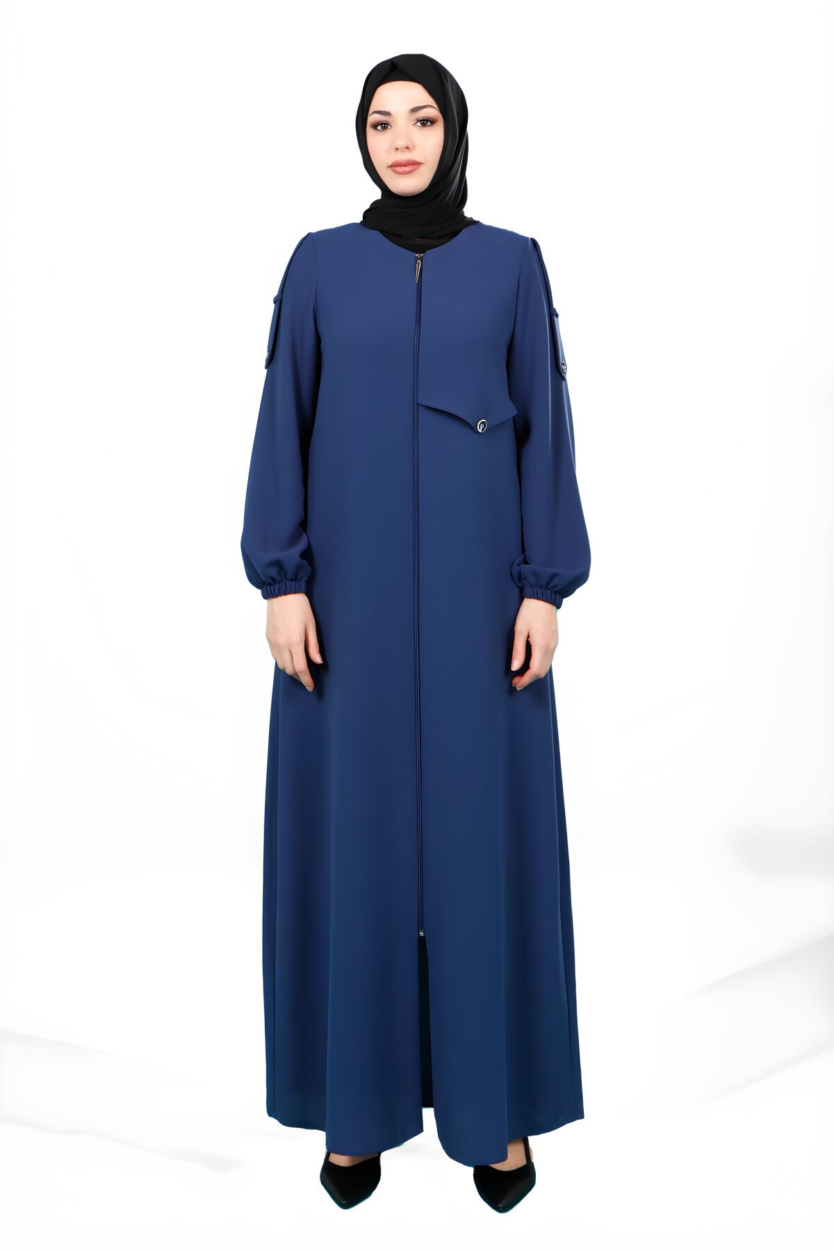 İndigo Fermuarlı Apoletli Kolu Lastikli Ferace - Beyza