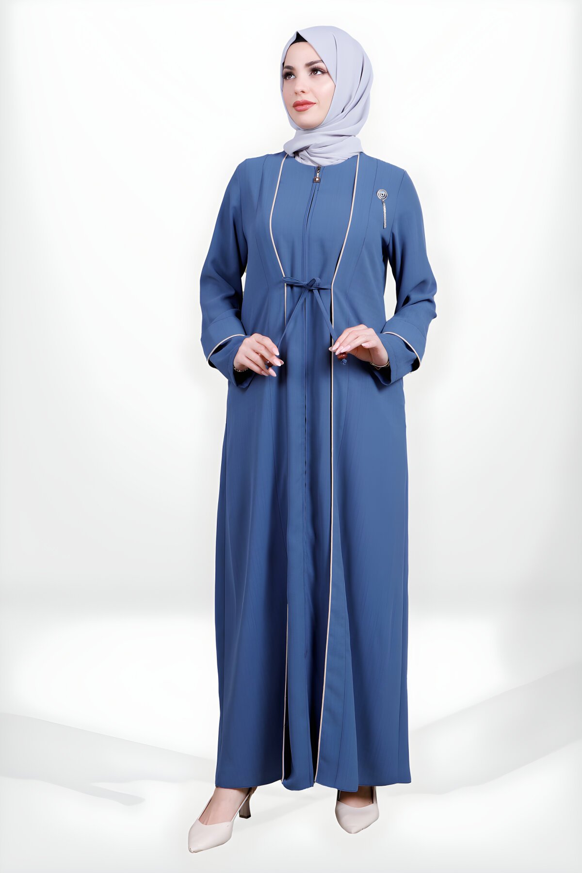 İndigo Fermuarlı Önden Bağlamalı Biye Detaylı Ferace - Beyza