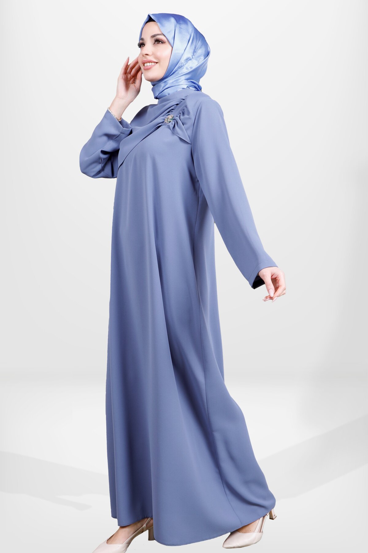 Ruffled Brooch Detail Modest Evening Dress - Indigo - Beyza
