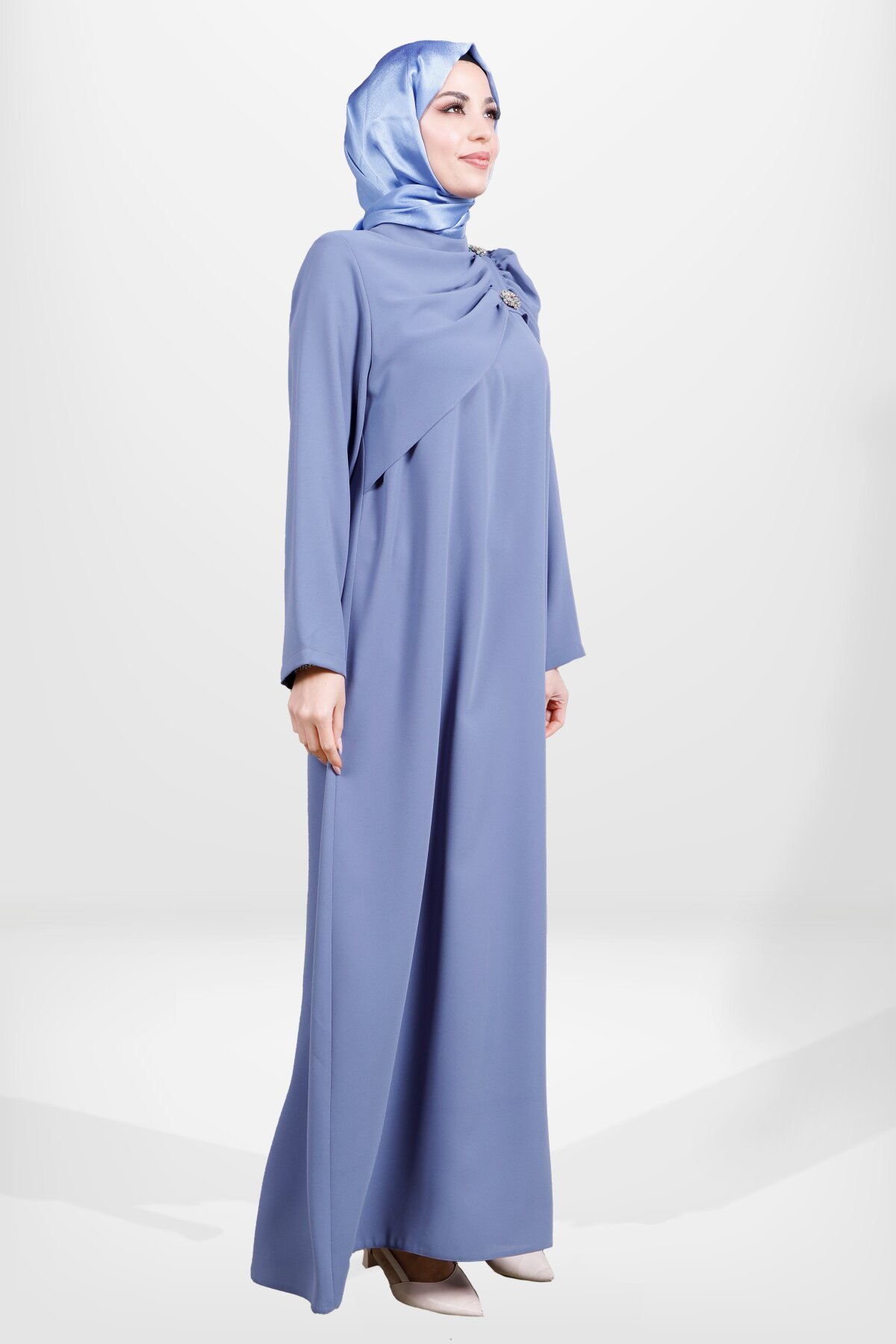 Ruffled Brooch Detail Modest Evening Dress - Indigo - Beyza